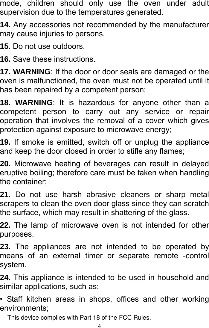 Page 4 of Welly Electrical Appliances DW20UX40 Microwave Oven User Manual 4 
