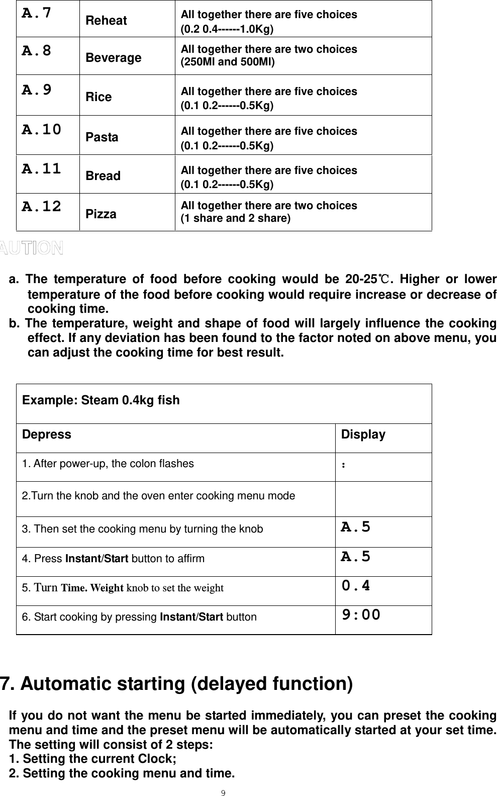  9 A.7 Reheat All together there are five choices   (0.2 0.4------1.0Kg) A.8 Beverage All together there are two choices (250Ml and 500Ml) A.9 Rice All together there are five choices   (0.1 0.2------0.5Kg) A.10 Pasta All together there are five choices   (0.1 0.2------0.5Kg) A.11 Bread All together there are five choices   (0.1 0.2------0.5Kg) A.12 Pizza  All together there are two choices (1 share and 2 share)  a. The temperature of food before cooking would be 20-25℃.  Higher or lower temperature of the food before cooking would require increase or decrease of cooking time. b. The temperature, weight and shape of food will largely influence the cooking effect. If any deviation has been found to the factor noted on above menu, you can adjust the cooking time for best result.  Example: Steam 0.4kg fish Depress Display 1. After power-up, the colon flashes ： 2.Turn the knob and the oven enter cooking menu mode  3. Then set the cooking menu by turning the knob A.5 4. Press Instant/Start button to affirm A.5 5. Turn Time. Weight knob to set the weight 0.4 6. Start cooking by pressing Instant/Start button 9:00  7. Automatic starting (delayed function) If you do not want the menu be started immediately, you can preset the cooking menu and time and the preset menu will be automatically started at your set time. The setting will consist of 2 steps:   1. Setting the current Clock;   2. Setting the cooking menu and time. 