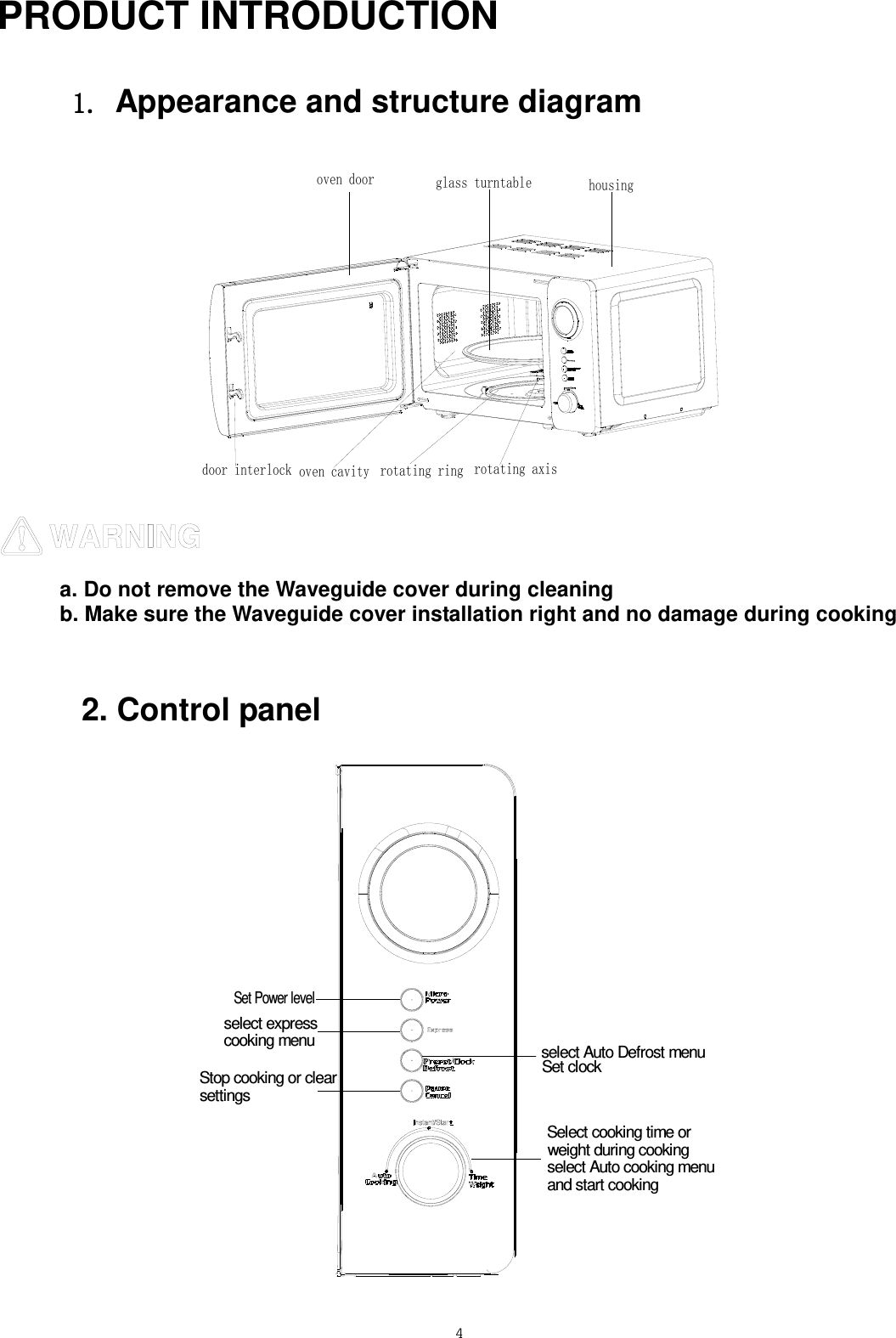  4 PRODUCT INTRODUCTION 1. Appearance and structure diagram  oven cavityglass turntablerotating axisdoor interlockoven doorrotating ringhousing  a. Do not remove the Waveguide cover during cleaning b. Make sure the Waveguide cover installation right and no damage during cooking  2. Control panel Set Power levelselect expresscooking menuSelect cooking time or weight during cookingselect Auto cooking menuand start cookingStop cooking or clear settingsselect Auto Defrost menuSet clock  
