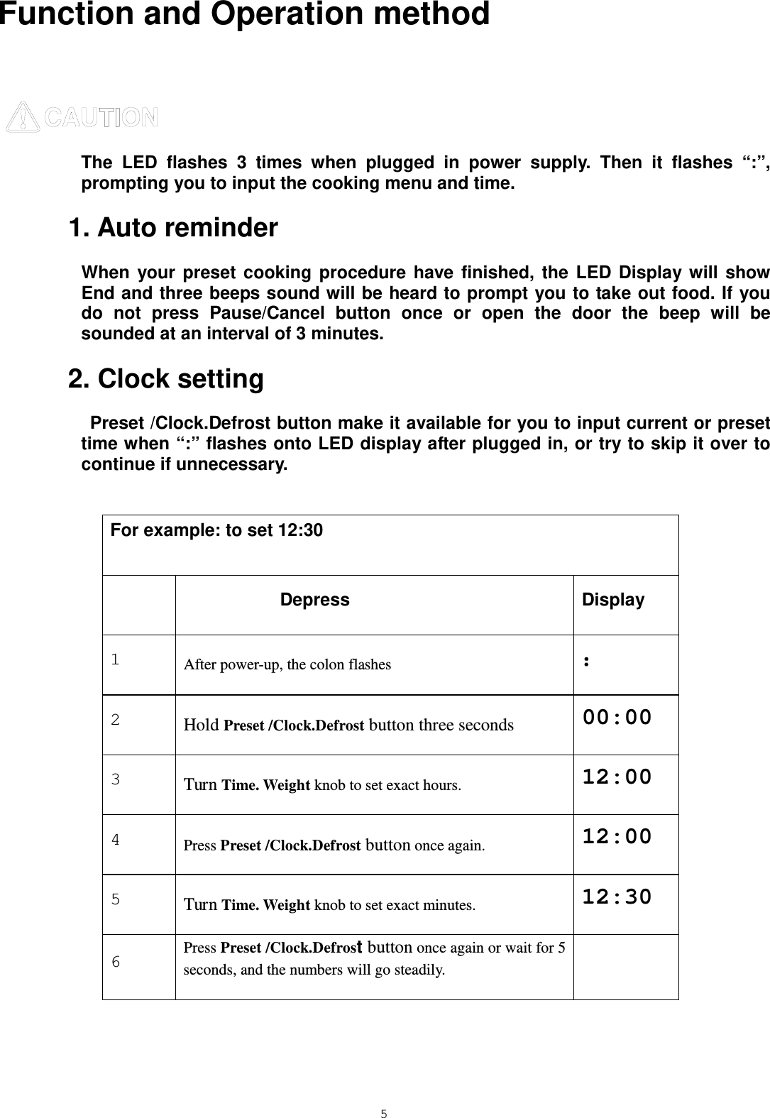  5 Function and Operation method   The LED flashes 3  times when plugged in power supply. Then it flashes  “:”, prompting you to input the cooking menu and time.   1. Auto reminder When your preset cooking procedure have finished, the LED Display will show End and three beeps sound will be heard to prompt you to take out food. If you do not press Pause/Cancel button once or open the door the beep will be sounded at an interval of 3 minutes. 2. Clock setting  Preset /Clock.Defrost button make it available for you to input current or preset time when “:” flashes onto LED display after plugged in, or try to skip it over to continue if unnecessary.     For example: to set 12:30   Depress Display 1 After power-up, the colon flashes   ： 2  Hold Preset /Clock.Defrost button three seconds 00:00 3 Turn Time. Weight knob to set exact hours.  12:00 4  Press Preset /Clock.Defrost button once again. 12:00 5  Turn Time. Weight knob to set exact minutes. 12:30 6  Press Preset /Clock.Defrost button once again or wait for 5 seconds, and the numbers will go steadily.    