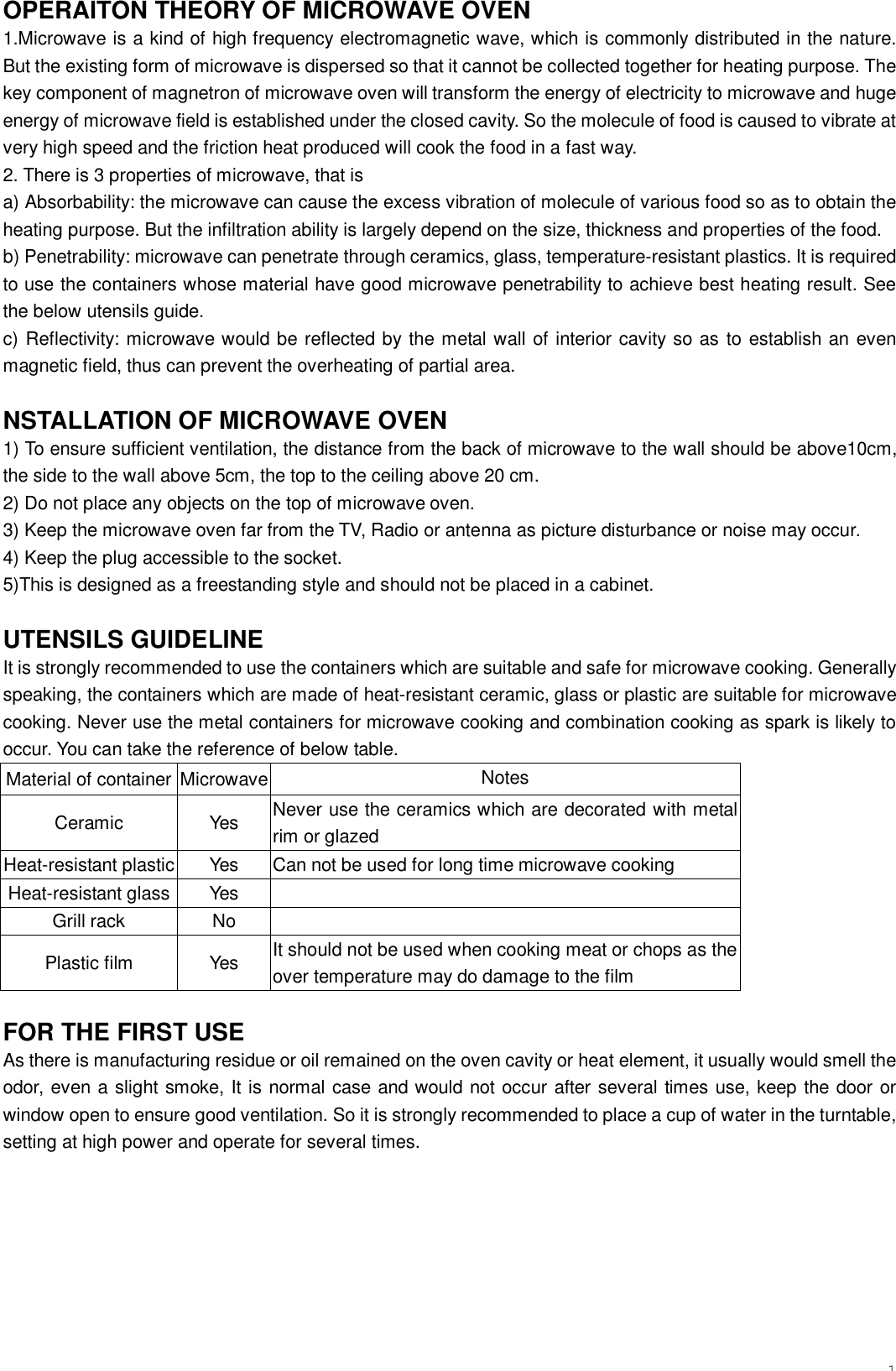 1OPERAITON THEORY OF MICROWAVE OVEN 1.Microwave is a kind of high frequency electromagnetic wave, which is commonly distributed in the nature. But the existing form of microwave is dispersed so that it cannot be collected together for heating purpose. The key component of magnetron of microwave oven will transform the energy of electricity to microwave and huge energy of microwave field is established under the closed cavity. So the molecule of food is caused to vibrate at very high speed and the friction heat produced will cook the food in a fast way. 2. There is 3 properties of microwave, that is  a) Absorbability: the microwave can cause the excess vibration of molecule of various food so as to obtain the heating purpose. But the infiltration ability is largely depend on the size, thickness and properties of the food. b) Penetrability: microwave can penetrate through ceramics, glass, temperature-resistant plastics. It is required to use the containers whose material have good microwave penetrability to achieve best heating result. See the below utensils guide. c) Reflectivity: microwave would be reflected by the metal wall of interior cavity so as to establish an even magnetic field, thus can prevent the overheating of partial area. NSTALLATION OF MICROWAVE OVEN 1) To ensure sufficient ventilation, the distance from the back of microwave to the wall should be above10cm, the side to the wall above 5cm, the top to the ceiling above 20 cm.  2) Do not place any objects on the top of microwave oven. 3) Keep the microwave oven far from the TV, Radio or antenna as picture disturbance or noise may occur. 4) Keep the plug accessible to the socket. 5)This is designed as a freestanding style and should not be placed in a cabinet. UTENSILS GUIDELINE It is strongly recommended to use the containers which are suitable and safe for microwave cooking. Generally speaking, the containers which are made of heat-resistant ceramic, glass or plastic are suitable for microwave cooking. Never use the metal containers for microwave cooking and combination cooking as spark is likely to occur. You can take the reference of below table. Material of container Microwave Notes Ceramic  Yes  Never use the ceramics which are decorated with metal rim or glazed Heat-resistant plastic Yes  Can not be used for long time microwave cooking Heat-resistant glass Yes   Grill rack  No   Plastic film  Yes It should not be used when cooking meat or chops as the over temperature may do damage to the film FOR THE FIRST USE As there is manufacturing residue or oil remained on the oven cavity or heat element, it usually would smell the odor, even a slight smoke, It is normal case and would not occur after several times use, keep the door or window open to ensure good ventilation. So it is strongly recommended to place a cup of water in the turntable, setting at high power and operate for several times.       