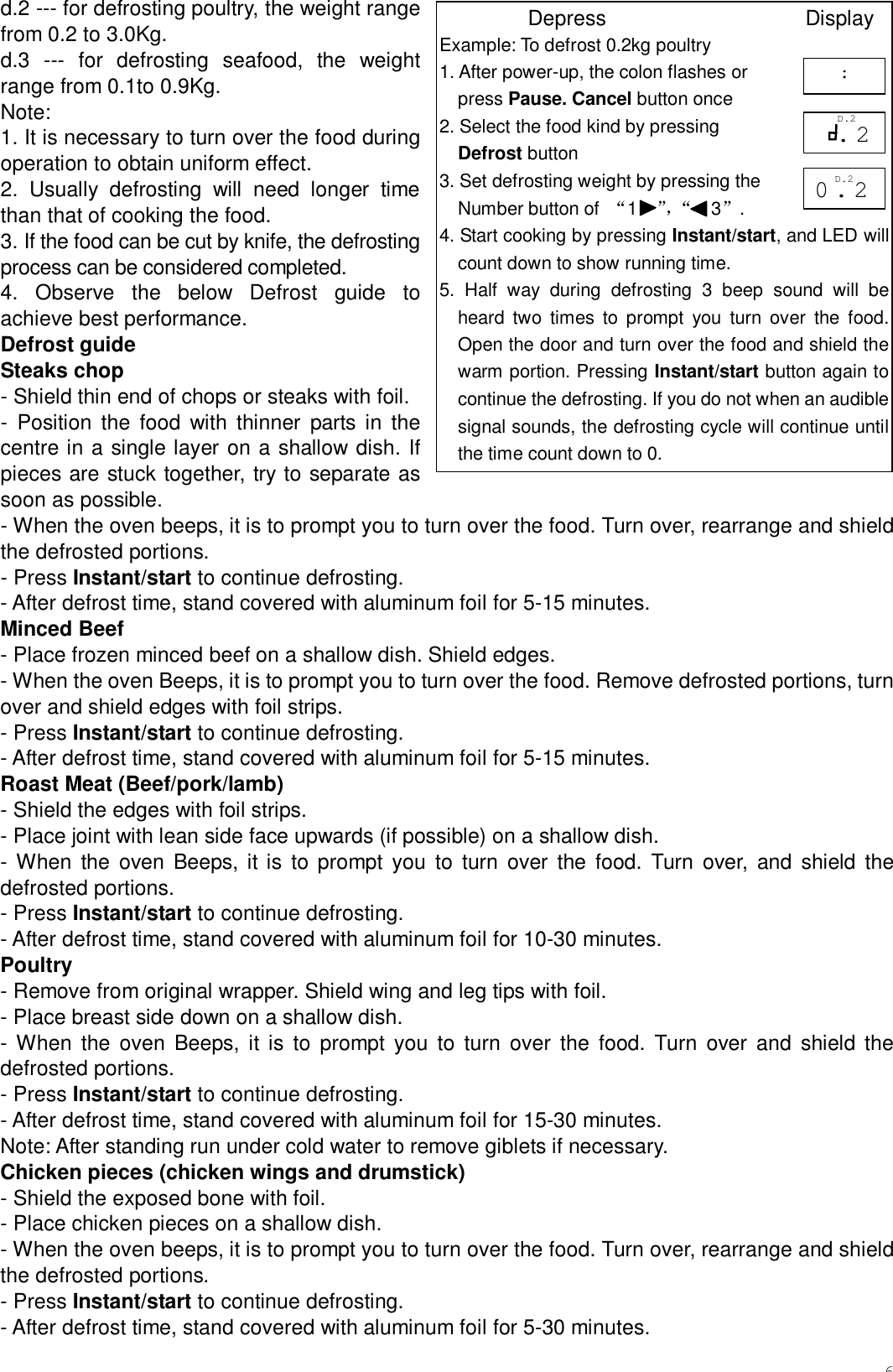 6d.2 --- for defrosting poultry, the weight range from 0.2 to 3.0Kg.  d.3 --- for defrosting seafood, the weight range from 0.1to 0.9Kg.  Note:  1. It is necessary to turn over the food during operation to obtain uniform effect. 2. Usually defrosting will need longer time than that of cooking the food. 3. If the food can be cut by knife, the defrosting process can be considered completed. 4. Observe the below Defrost guide to achieve best performance. Defrost guide Steaks chop  - Shield thin end of chops or steaks with foil. - Position the food with thinner parts in the centre in a single layer on a shallow dish. If pieces are stuck together, try to separate as soon as possible. - When the oven beeps, it is to prompt you to turn over the food. Turn over, rearrange and shield the defrosted portions.  - Press Instant/start to continue defrosting. - After defrost time, stand covered with aluminum foil for 5-15 minutes. Minced Beef - Place frozen minced beef on a shallow dish. Shield edges. - When the oven Beeps, it is to prompt you to turn over the food. Remove defrosted portions, turn over and shield edges with foil strips.   - Press Instant/start to continue defrosting. - After defrost time, stand covered with aluminum foil for 5-15 minutes. Roast Meat (Beef/pork/lamb) - Shield the edges with foil strips. - Place joint with lean side face upwards (if possible) on a shallow dish. - When the oven Beeps, it is to prompt you to turn over the food. Turn over, and shield the defrosted portions.  - Press Instant/start to continue defrosting. - After defrost time, stand covered with aluminum foil for 10-30 minutes. Poultry  - Remove from original wrapper. Shield wing and leg tips with foil. - Place breast side down on a shallow dish. - When the oven Beeps, it is to prompt you to turn over the food. Turn over and shield the defrosted portions.  - Press Instant/start to continue defrosting. - After defrost time, stand covered with aluminum foil for 15-30 minutes. Note: After standing run under cold water to remove giblets if necessary. Chicken pieces (chicken wings and drumstick) - Shield the exposed bone with foil. - Place chicken pieces on a shallow dish. - When the oven beeps, it is to prompt you to turn over the food. Turn over, rearrange and shield the defrosted portions.  - Press Instant/start to continue defrosting. - After defrost time, stand covered with aluminum foil for 5-30 minutes.        Depress                   Display Example: To defrost 0.2kg poultry 1. After power-up, the colon flashes or  press Pause. Cancel button once 2. Select the food kind by pressing Defrost button  3. Set defrosting weight by pressing the  Number button of  “1  ”，“   3”. 4. Start cooking by pressing Instant/start, and LED will count down to show running time.  5. Half way during defrosting 3 beep sound will be heard two times to prompt you turn over the food. Open the door and turn over the food and shield the warm portion. Pressing Instant/start button again to continue the defrosting. If you do not when an audible signal sounds, the defrosting cycle will continue until the time count down to 0. :  .2 D.2 0.2 D.2 