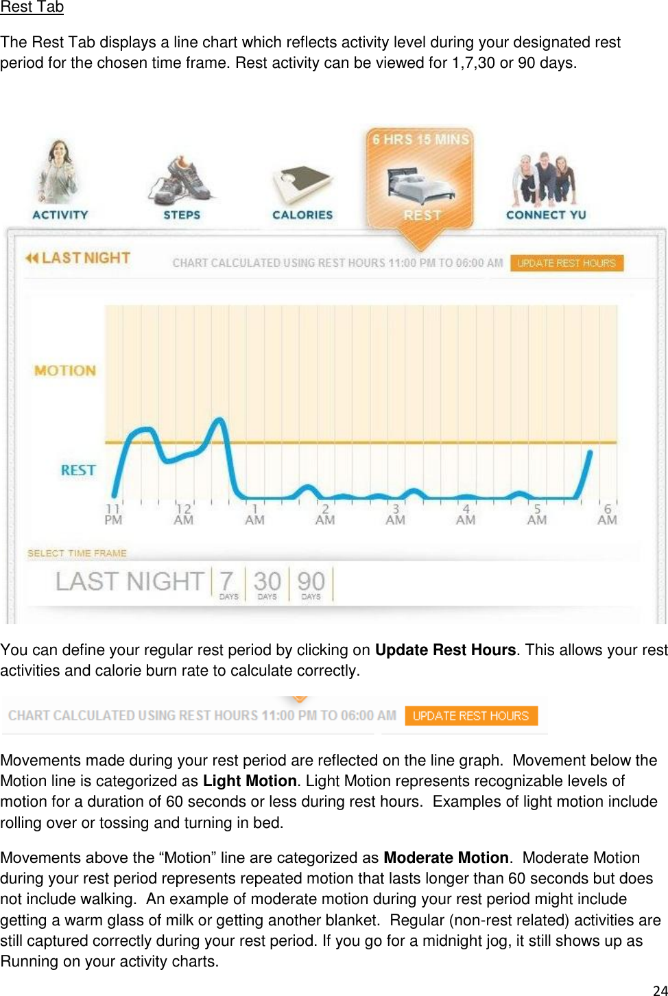 24 Rest Tab The Rest Tab displays a line chart which reflects activity level during your designated rest period for the chosen time frame. Rest activity can be viewed for 1,7,30 or 90 days.   You can define your regular rest period by clicking on Update Rest Hours. This allows your rest activities and calorie burn rate to calculate correctly.  Movements made during your rest period are reflected on the line graph.  Movement below the Motion line is categorized as Light Motion. Light Motion represents recognizable levels of motion for a duration of 60 seconds or less during rest hours.  Examples of light motion include rolling over or tossing and turning in bed. Movements above the “Motion” line are categorized as Moderate Motion.  Moderate Motion during your rest period represents repeated motion that lasts longer than 60 seconds but does not include walking.  An example of moderate motion during your rest period might include getting a warm glass of milk or getting another blanket.  Regular (non-rest related) activities are still captured correctly during your rest period. If you go for a midnight jog, it still shows up as Running on your activity charts. 