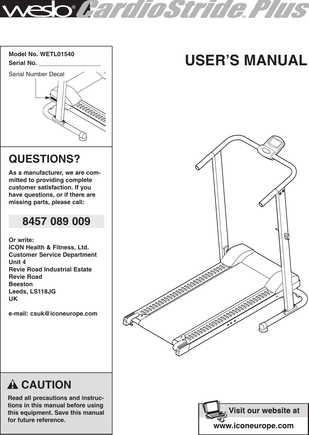 Weslo Treadmill Wetl01540 Users Manual