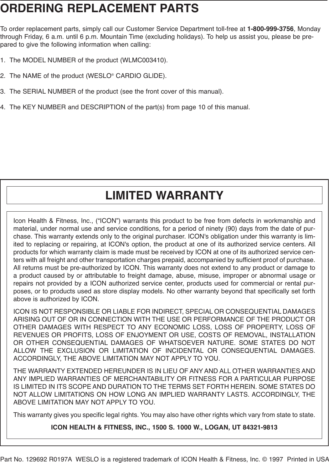 Page 12 of 12 - Weslo Weslo-Wlmc003410-Owners-Manual 285430