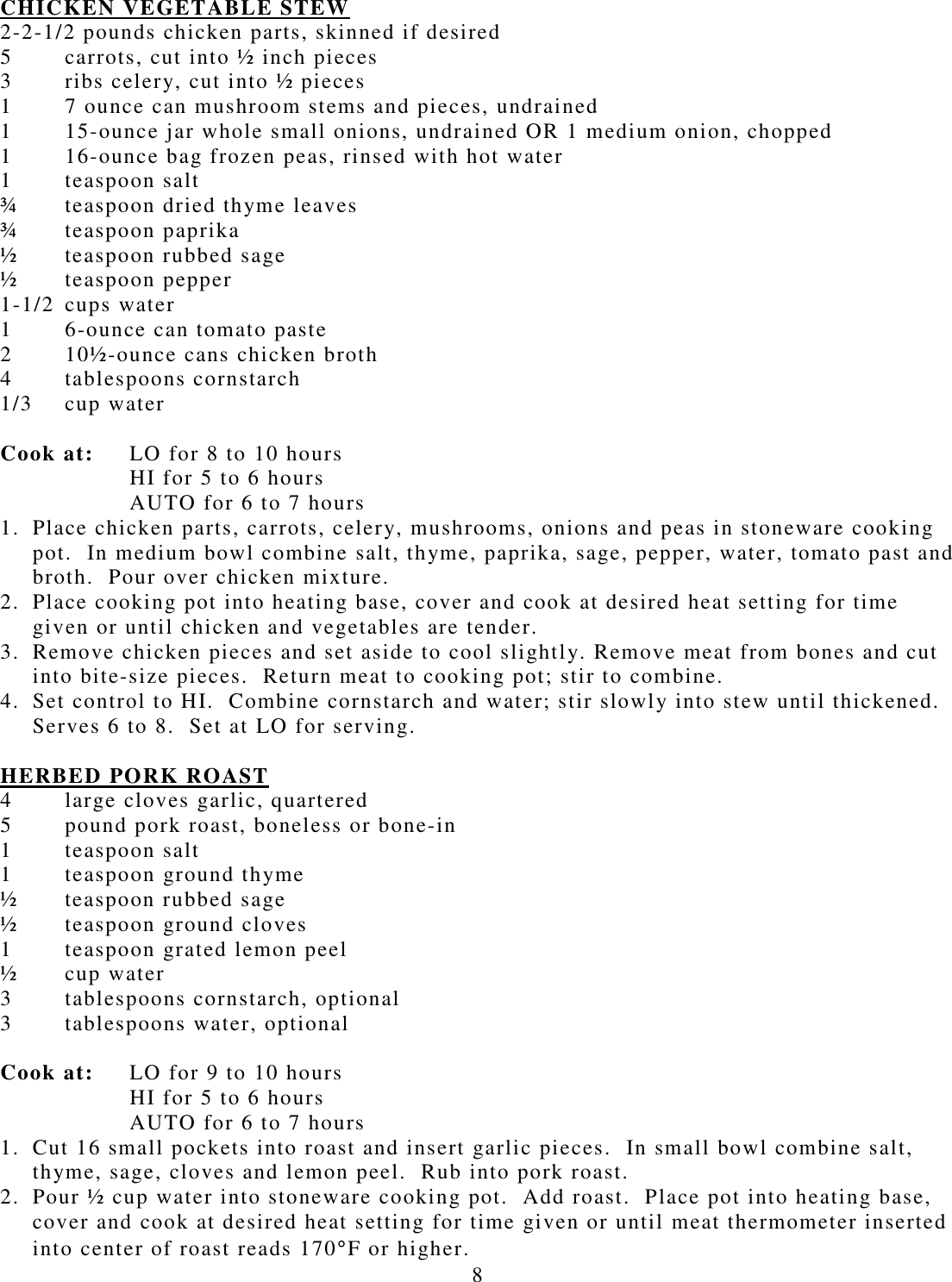 Page 8 of 9 - Westbend Westbend-84306-Crockery-Cooker-6-Qt-Owner-S-Manual CROCKERY COOKERS