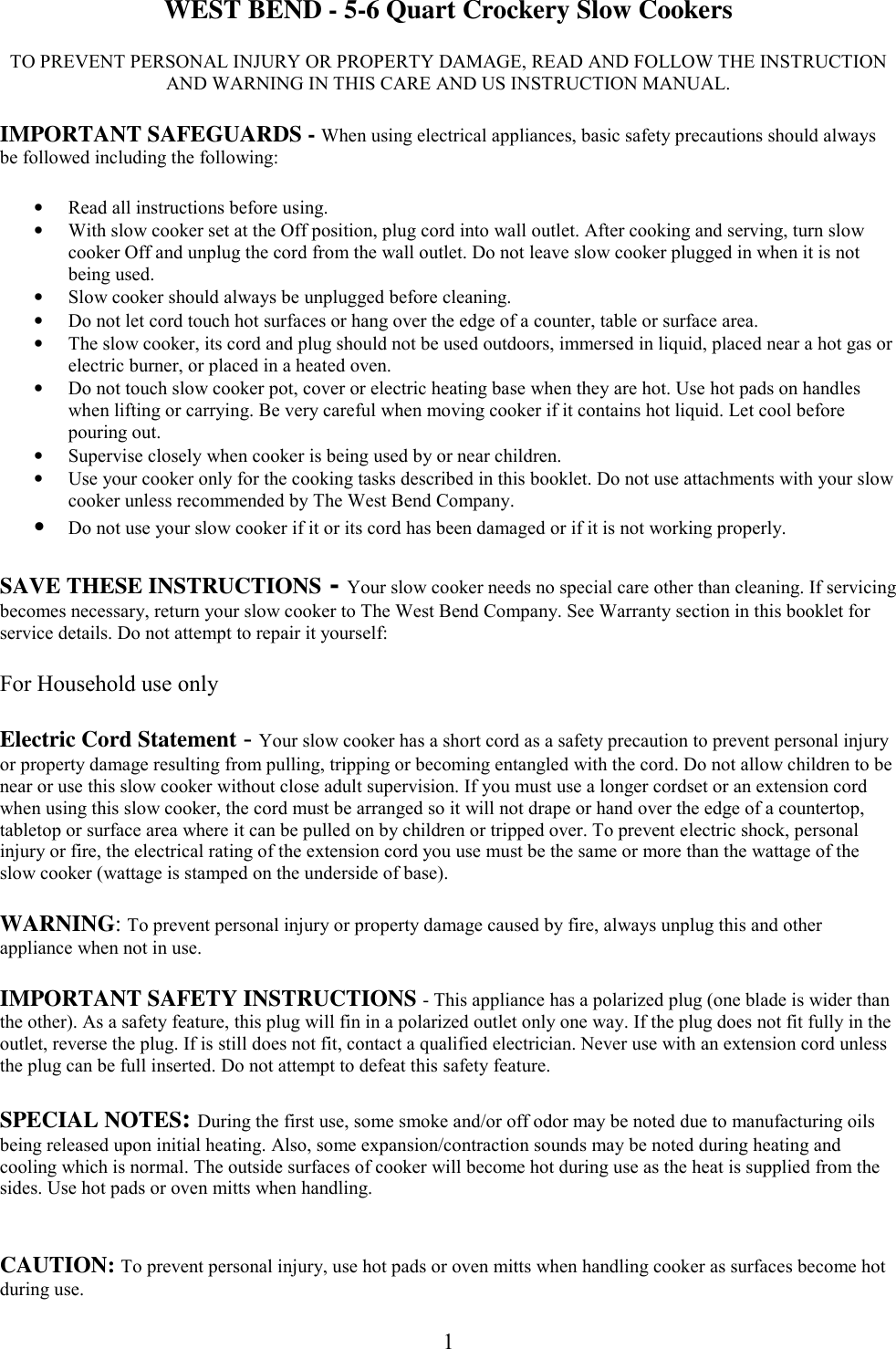 Westbend 85015 Crockery Cooker 5 Qt Owner S Manual WEST BEND 6 Quart