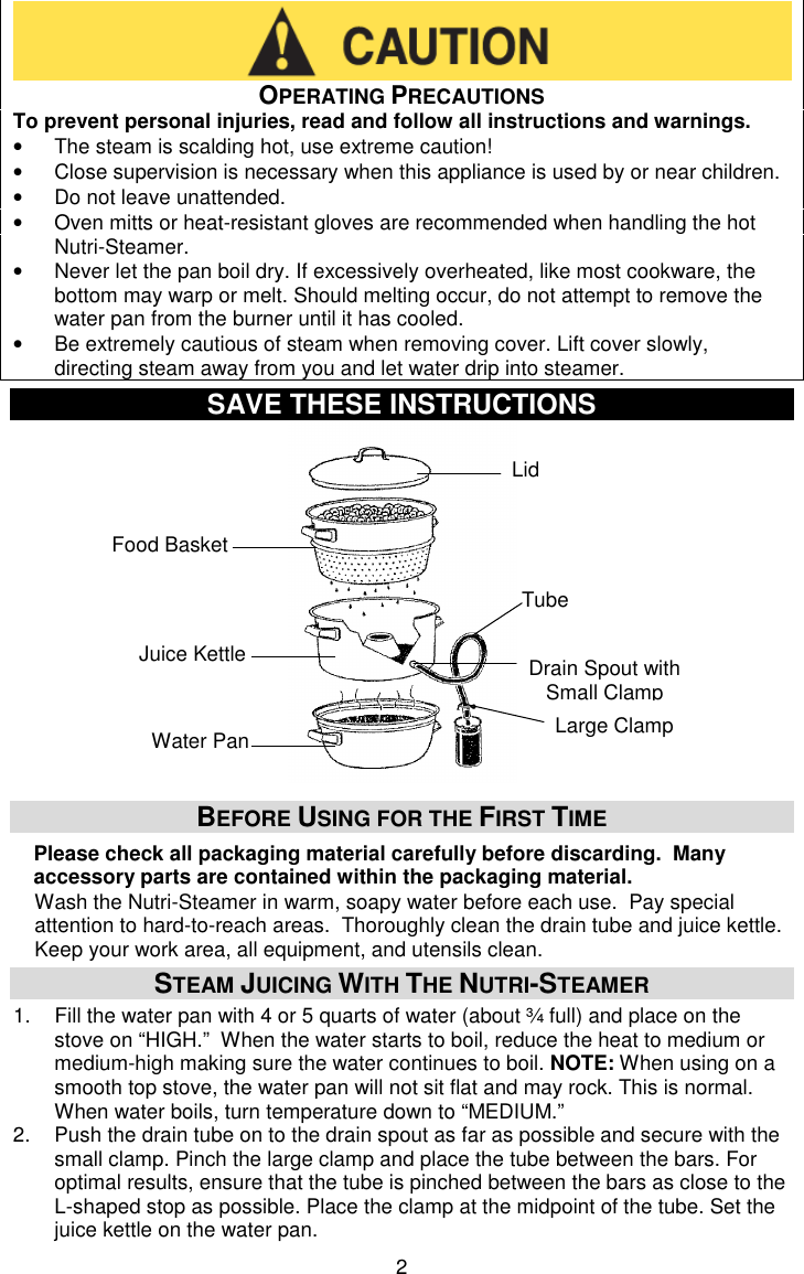 Page 2 of 12 - Westbend Westbend-N12-Steam-Juicer-Owner-S-Manual - L5725B_NutriSteamer_N12_ENG