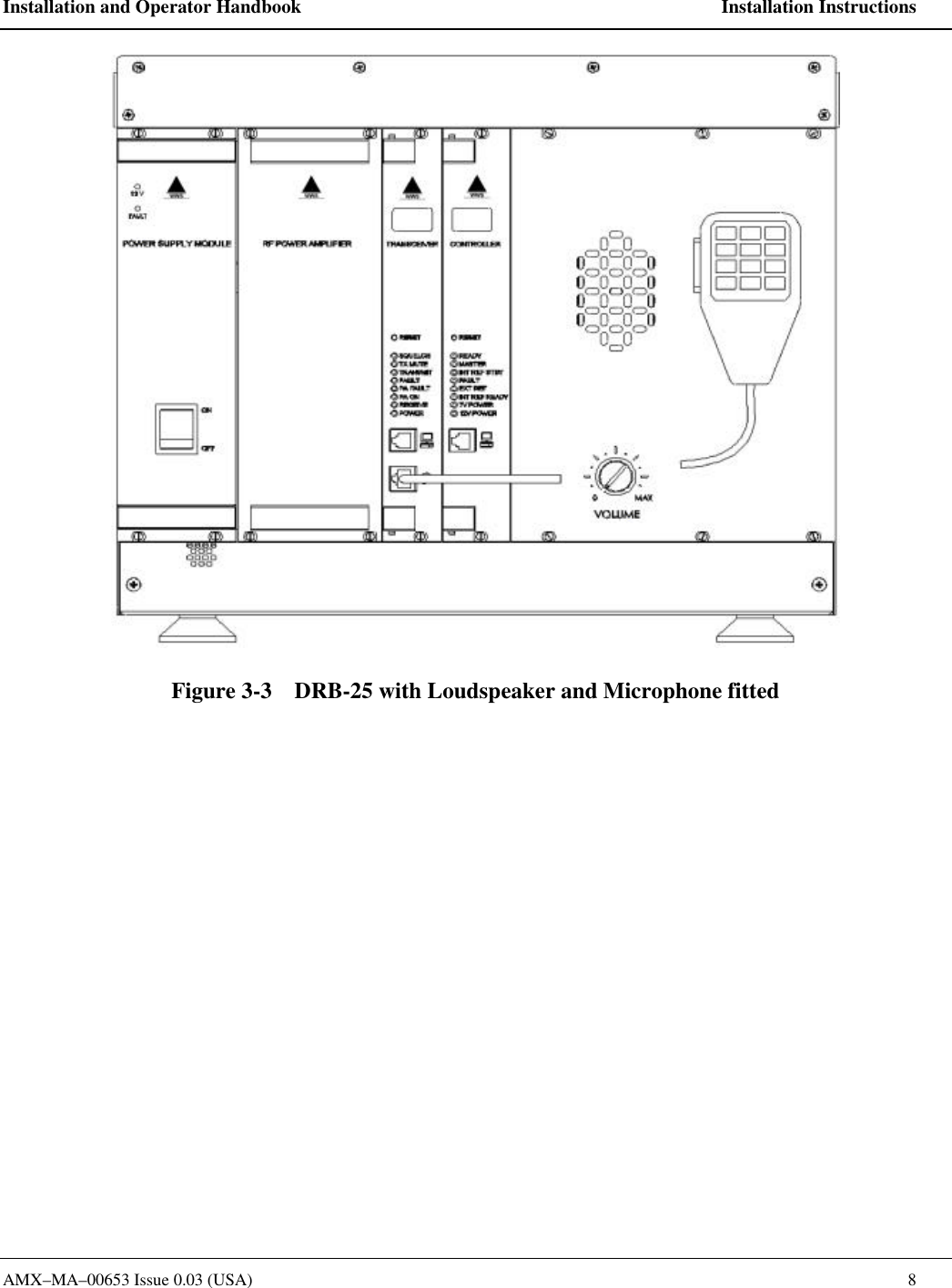 Installation and Operator Handbook    Installation Instructions AMX&ndash;MA&ndash;00653 Issue 0.03 (USA)    8  Figure 3-3    DRB-25 with Loudspeaker and Microphone fitted 