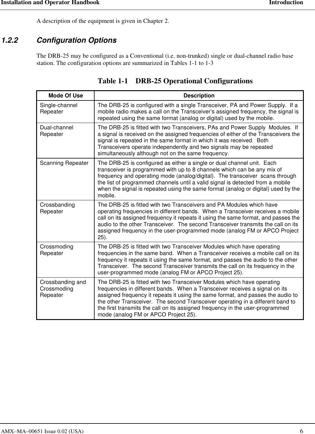 Installation and Operator Handbook     Introduction AMX&ndash;MA&ndash;00651 Issue 0.02 (USA)   6 A description of the equipment is given in Chapter 2. 1.2.2 Configuration Options The DRB-25 may be configured as a Conventional (i.e. non-trunked) single or dual-channel radio base station. The configuration options are summarized in Tables 1-1 to 1-3 Table 1-1    DRB-25 Operational Configurations Mode Of Use  Description Single-channel Repeater  The DRB-25 is configured with a single Transceiver, PA and Power Supply.  If a mobile radio makes a call on the Transceiver&rsquo;s assigned frequency, the signal is repeated using the same format (analog or digital) used by the mobile. Dual-channel Repeater  The DRB-25 is fitted with two Transceivers, PAs and Power Supply  Modules.  If a signal is received on the assigned frequencies of either of the Transceivers the signal is repeated in the same format in which it was received.  Both Transceivers operate independently and two signals may be repeated simultaneously although not on the same frequency.   Scanning Repeater  The DRB-25 is configured as either a single or dual channel unit.  Each transceiver is programmed with up to 8 channels which can be any mix of frequency and operating mode (analog/digital).  The transceiver  scans through the list of programmed channels until a valid signal is detected from a mobile when the signal is repeated using the same format (analog or digital) used by the mobile.   Crossbanding Repeater  The DRB-25 is fitted with two Transceivers and PA Modules which have operating frequencies in different bands.  When a Transceiver receives a mobile call on its assigned frequency it repeats it using the same format, and passes the audio to the other Transceiver.  The second Transceiver transmits the call on its assigned frequency in the user-programmed mode (analog FM or APCO Project 25). Crossmoding Repeater  The DRB-25 is fitted with two Transceiver Modules which have operating frequencies in the same band.  When a Transceiver receives a mobile call on its frequency it repeats it using the same format, and passes the audio to the other Transceiver.  The second Transceiver transmits the call on its frequency in the user-programmed mode (analog FM or APCO Project 25). Crossbanding and Crossmoding Repeater The DRB-25 is fitted with two Transceiver Modules which have operating frequencies in different bands.  When a Transceiver receives a signal on its assigned frequency it repeats it using the same format, and passes the audio to the other Transceiver.  The second Transceiver operating in a different band to the first transmits the call on its assigned frequency in the user-programmed mode (analog FM or APCO Project 25).  