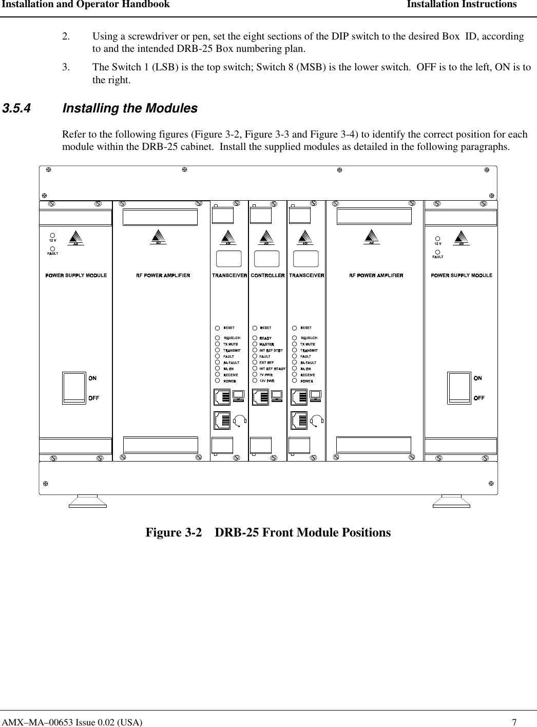 Installation and Operator Handbook    Installation Instructions AMX&ndash;MA&ndash;00653 Issue 0.02 (USA)    7 2.  Using a screwdriver or pen, set the eight sections of the DIP switch to the desired Box  ID, according to and the intended DRB-25 Box numbering plan.   3.  The Switch 1 (LSB) is the top switch; Switch 8 (MSB) is the lower switch.  OFF is to the left, ON is to the right.   3.5.4  Installing the Modules Refer to the following figures (Figure 3-2, Figure 3-3 and Figure 3-4) to identify the correct position for each module within the DRB-25 cabinet.  Install the supplied modules as detailed in the following paragraphs.  Figure 3-2    DRB-25 Front Module Positions 