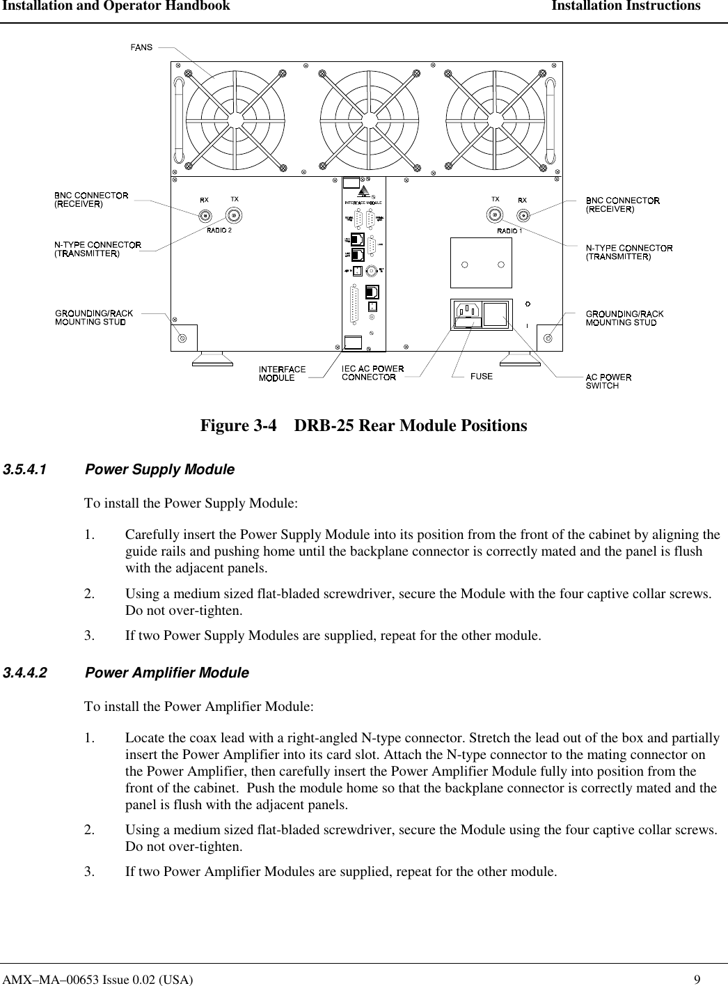 Installation and Operator Handbook    Installation Instructions AMX&ndash;MA&ndash;00653 Issue 0.02 (USA)    9  Figure 3-4    DRB-25 Rear Module Positions 3.5.4.1  Power Supply Module To install the Power Supply Module: 1.  Carefully insert the Power Supply Module into its position from the front of the cabinet by aligning the guide rails and pushing home until the backplane connector is correctly mated and the panel is flush with the adjacent panels. 2.  Using a medium sized flat-bladed screwdriver, secure the Module with the four captive collar screws. Do not over-tighten. 3.  If two Power Supply Modules are supplied, repeat for the other module. 3.4.4.2  Power Amplifier Module To install the Power Amplifier Module: 1.  Locate the coax lead with a right-angled N-type connector. Stretch the lead out of the box and partially insert the Power Amplifier into its card slot. Attach the N-type connector to the mating connector on the Power Amplifier, then carefully insert the Power Amplifier Module fully into position from the front of the cabinet.  Push the module home so that the backplane connector is correctly mated and the panel is flush with the adjacent panels. 2.  Using a medium sized flat-bladed screwdriver, secure the Module using the four captive collar screws. Do not over-tighten. 3.  If two Power Amplifier Modules are supplied, repeat for the other module. 