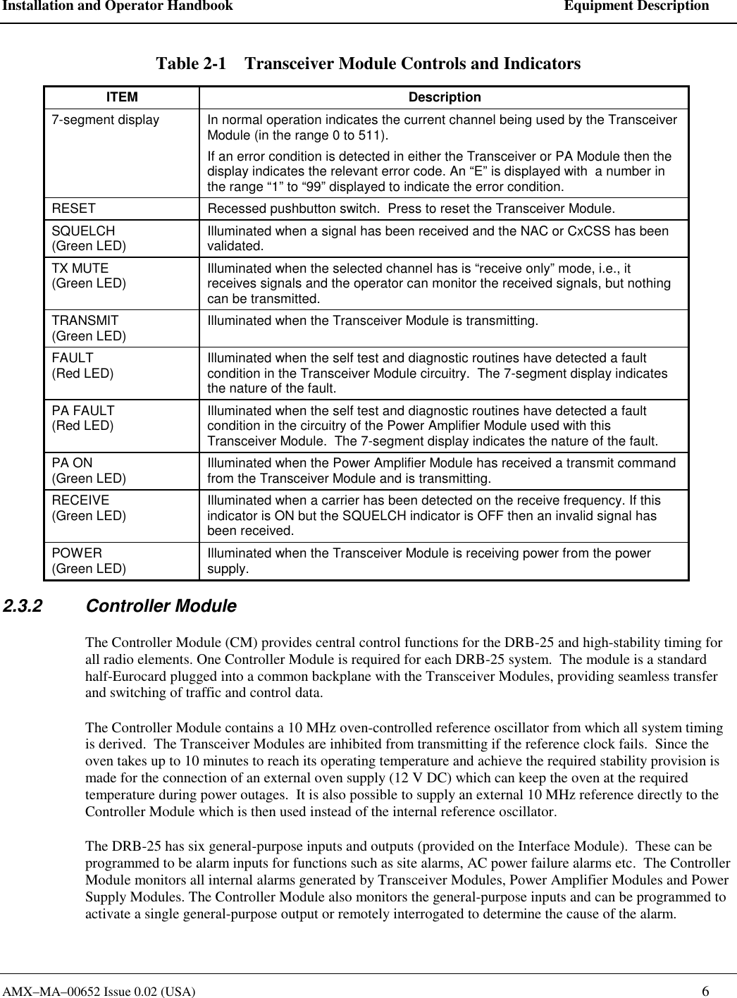 Installation and Operator Handbook    Equipment Description AMX&ndash;MA&ndash;00652 Issue 0.02 (USA)   6 Table 2-1    Transceiver Module Controls and Indicators ITEM Description 7-segment display  In normal operation indicates the current channel being used by the Transceiver Module (in the range 0 to 511). If an error condition is detected in either the Transceiver or PA Module then the display indicates the relevant error code. An &ldquo;E&rdquo; is displayed with  a number in the range &ldquo;1&rdquo; to &ldquo;99&rdquo; displayed to indicate the error condition. RESET  Recessed pushbutton switch.  Press to reset the Transceiver Module. SQUELCH (Green LED)  Illuminated when a signal has been received and the NAC or CxCSS has been validated. TX MUTE (Green LED)  Illuminated when the selected channel has is &ldquo;receive only&rdquo; mode, i.e., it receives signals and the operator can monitor the received signals, but nothing can be transmitted. TRANSMIT (Green LED)  Illuminated when the Transceiver Module is transmitting. FAULT  (Red LED)  Illuminated when the self test and diagnostic routines have detected a fault condition in the Transceiver Module circuitry.  The 7-segment display indicates the nature of the fault. PA FAULT (Red LED)  Illuminated when the self test and diagnostic routines have detected a fault condition in the circuitry of the Power Amplifier Module used with this Transceiver Module.  The 7-segment display indicates the nature of the fault. PA ON (Green LED)  Illuminated when the Power Amplifier Module has received a transmit command from the Transceiver Module and is transmitting. RECEIVE (Green LED)  Illuminated when a carrier has been detected on the receive frequency. If this indicator is ON but the SQUELCH indicator is OFF then an invalid signal has been received. POWER (Green LED)  Illuminated when the Transceiver Module is receiving power from the power supply. 2.3.2 Controller Module The Controller Module (CM) provides central control functions for the DRB-25 and high-stability timing for all radio elements. One Controller Module is required for each DRB-25 system.  The module is a standard half-Eurocard plugged into a common backplane with the Transceiver Modules, providing seamless transfer and switching of traffic and control data. The Controller Module contains a 10 MHz oven-controlled reference oscillator from which all system timing is derived.  The Transceiver Modules are inhibited from transmitting if the reference clock fails.  Since the oven takes up to 10 minutes to reach its operating temperature and achieve the required stability provision is made for the connection of an external oven supply (12 V DC) which can keep the oven at the required temperature during power outages.  It is also possible to supply an external 10 MHz reference directly to the Controller Module which is then used instead of the internal reference oscillator. The DRB-25 has six general-purpose inputs and outputs (provided on the Interface Module).  These can be programmed to be alarm inputs for functions such as site alarms, AC power failure alarms etc.  The Controller Module monitors all internal alarms generated by Transceiver Modules, Power Amplifier Modules and Power Supply Modules. The Controller Module also monitors the general-purpose inputs and can be programmed to activate a single general-purpose output or remotely interrogated to determine the cause of the alarm. 