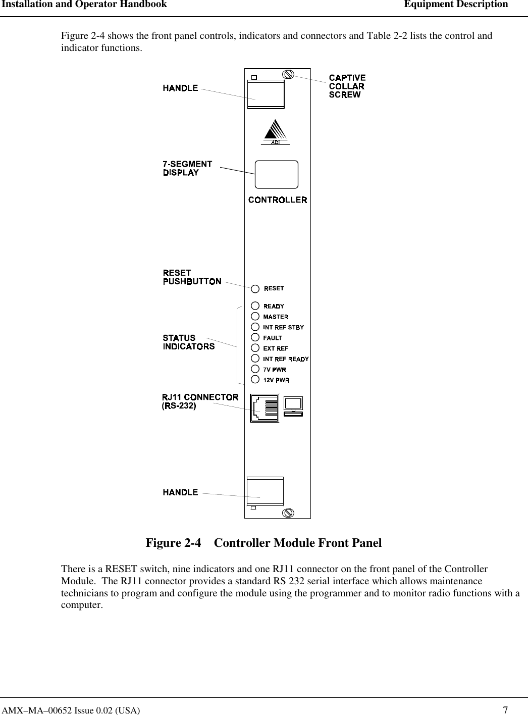 Installation and Operator Handbook    Equipment Description AMX&ndash;MA&ndash;00652 Issue 0.02 (USA)   7 Figure 2-4 shows the front panel controls, indicators and connectors and Table 2-2 lists the control and indicator functions.  Figure 2-4    Controller Module Front Panel  There is a RESET switch, nine indicators and one RJ11 connector on the front panel of the Controller Module.  The RJ11 connector provides a standard RS 232 serial interface which allows maintenance technicians to program and configure the module using the programmer and to monitor radio functions with a computer.  