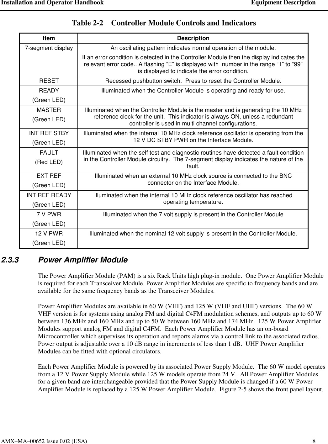 Installation and Operator Handbook    Equipment Description AMX&ndash;MA&ndash;00652 Issue 0.02 (USA)   8 Table 2-2    Controller Module Controls and Indicators Item Description 7-segment display  An oscillating pattern indicates normal operation of the module. If an error condition is detected in the Controller Module then the display indicates the relevant error code.. A flashing &ldquo;E&rdquo; is displayed with  number in the range &ldquo;1&rdquo; to &ldquo;99&rdquo; is displayed to indicate the error condition. RESET  Recessed pushbutton switch.  Press to reset the Controller Module. READY (Green LED) Illuminated when the Controller Module is operating and ready for use. MASTER (Green LED) Illuminated when the Controller Module is the master and is generating the 10 MHz reference clock for the unit.  This indicator is always ON, unless a redundant controller is used in multi channel configurations. INT REF STBY (Green LED) Illuminated when the internal 10 MHz clock reference oscillator is operating from the 12 V DC STBY PWR on the Interface Module. FAULT (Red LED) Illuminated when the self test and diagnostic routines have detected a fault condition in the Controller Module circuitry.  The 7-segment display indicates the nature of the fault. EXT REF (Green LED) Illuminated when an external 10 MHz clock source is connected to the BNC connector on the Interface Module. INT REF READY (Green LED) Illuminated when the internal 10 MHz clock reference oscillator has reached operating temperature. 7 V PWR (Green LED) Illuminated when the 7 volt supply is present in the Controller Module 12 V PWR (Green LED) Illuminated when the nominal 12 volt supply is present in the Controller Module. 2.3.3  Power Amplifier Module The Power Amplifier Module (PAM) is a six Rack Units high plug-in module.  One Power Amplifier Module is required for each Transceiver Module. Power Amplifier Modules are specific to frequency bands and are available for the same frequency bands as the Transceiver Modules. Power Amplifier Modules are available in 60 W (VHF) and 125 W (VHF and UHF) versions.  The 60 W VHF version is for systems using analog FM and digital C4FM modulation schemes, and outputs up to 60 W between 136 MHz and 160 MHz and up to 50 W between 160 MHz and 174 MHz.  125 W Power Amplifier Modules support analog FM and digital C4FM.  Each Power Amplifier Module has an on-board Microcontroller which supervises its operation and reports alarms via a control link to the associated radios. Power output is adjustable over a 10 dB range in increments of less than 1 dB.  UHF Power Amplifier Modules can be fitted with optional circulators.   Each Power Amplifier Module is powered by its associated Power Supply Module.  The 60 W model operates from a 12 V Power Supply Module while 125 W models operate from 24 V.  All Power Amplifier Modules for a given band are interchangeable provided that the Power Supply Module is changed if a 60 W Power Amplifier Module is replaced by a 125 W Power Amplifier Module.  Figure 2-5 shows the front panel layout. 