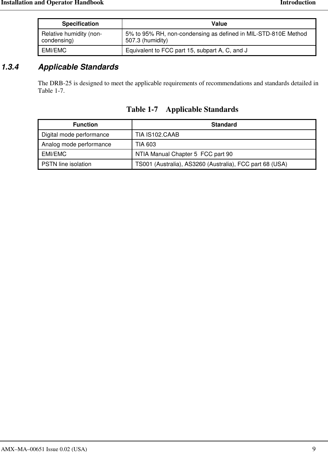 Installation and Operator Handbook     Introduction AMX&ndash;MA&ndash;00651 Issue 0.02 (USA)   9 Specification Value Relative humidity (non-condensing)  5% to 95% RH, non-condensing as defined in MIL-STD-810E Method 507.3 (humidity) EMI/EMC  Equivalent to FCC part 15, subpart A, C, and J 1.3.4 Applicable Standards The DRB-25 is designed to meet the applicable requirements of recommendations and standards detailed in Table 1-7. Table 1-7    Applicable Standards Function Standard Digital mode performance   TIA IS102.CAAB Analog mode performance   TIA 603 EMI/EMC   NTIA Manual Chapter 5  FCC part 90 PSTN line isolation   TS001 (Australia), AS3260 (Australia), FCC part 68 (USA)  
