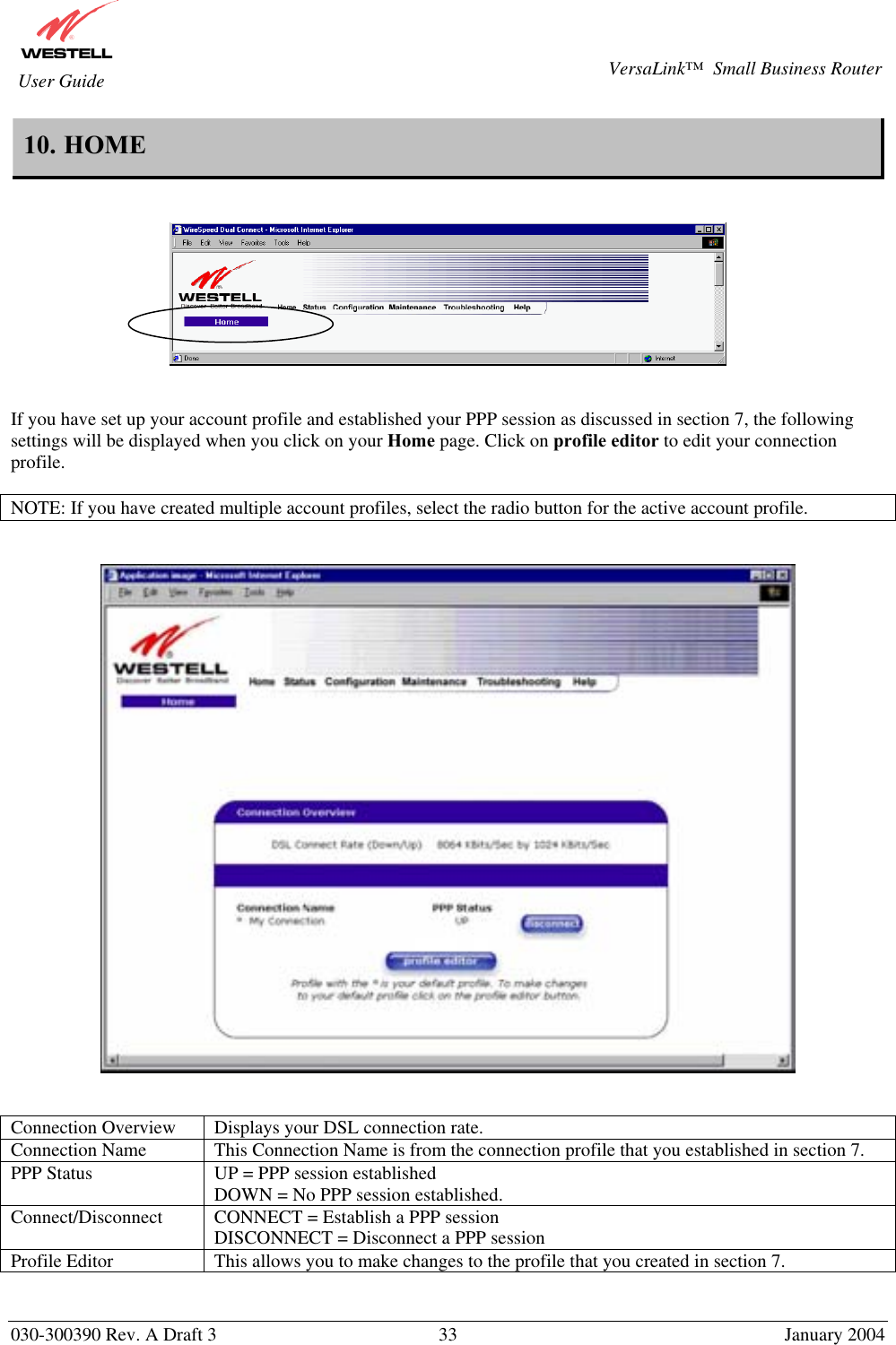       030-300390 Rev. A Draft 3  33  January 2004  VersaLink™  Small Business Router  User Guide 10. HOME       If you have set up your account profile and established your PPP session as discussed in section 7, the following settings will be displayed when you click on your Home page. Click on profile editor to edit your connection profile.  NOTE: If you have created multiple account profiles, select the radio button for the active account profile.      Connection Overview  Displays your DSL connection rate.  Connection Name   This Connection Name is from the connection profile that you established in section 7. PPP Status  UP = PPP session established DOWN = No PPP session established. Connect/Disconnect   CONNECT = Establish a PPP session DISCONNECT = Disconnect a PPP session Profile Editor  This allows you to make changes to the profile that you created in section 7.  