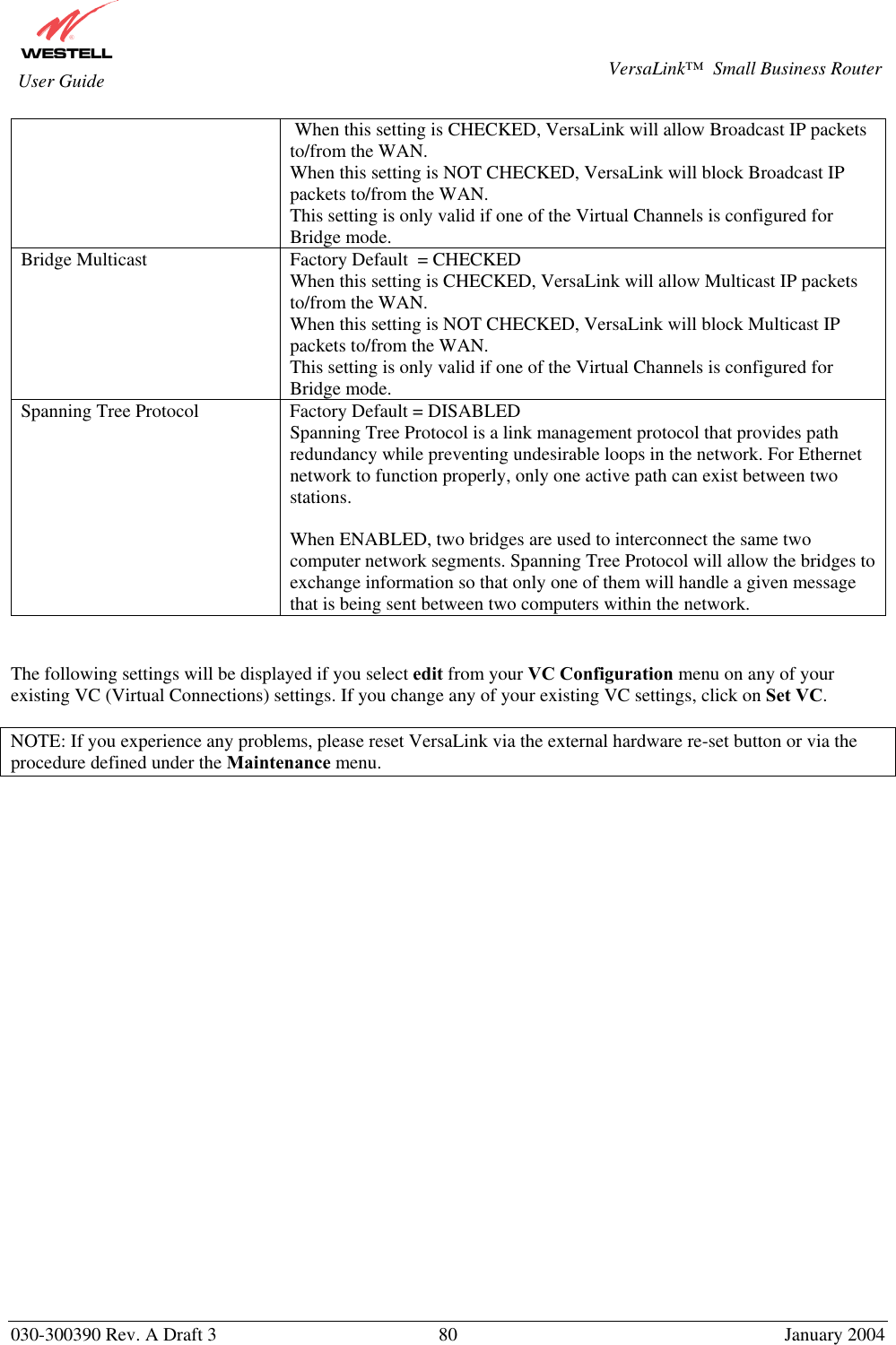       030-300390 Rev. A Draft 3  80  January 2004  VersaLink™  Small Business Router  User Guide    When this setting is CHECKED, VersaLink will allow Broadcast IP packets to/from the WAN. When this setting is NOT CHECKED, VersaLink will block Broadcast IP packets to/from the WAN. This setting is only valid if one of the Virtual Channels is configured for Bridge mode. Bridge Multicast   Factory Default  = CHECKED When this setting is CHECKED, VersaLink will allow Multicast IP packets to/from the WAN. When this setting is NOT CHECKED, VersaLink will block Multicast IP packets to/from the WAN. This setting is only valid if one of the Virtual Channels is configured for Bridge mode. Spanning Tree Protocol  Factory Default = DISABLED Spanning Tree Protocol is a link management protocol that provides path redundancy while preventing undesirable loops in the network. For Ethernet network to function properly, only one active path can exist between two stations.  When ENABLED, two bridges are used to interconnect the same two computer network segments. Spanning Tree Protocol will allow the bridges to exchange information so that only one of them will handle a given message that is being sent between two computers within the network.   The following settings will be displayed if you select edit from your VC Configuration menu on any of your existing VC (Virtual Connections) settings. If you change any of your existing VC settings, click on Set VC.   NOTE: If you experience any problems, please reset VersaLink via the external hardware re-set button or via the procedure defined under the Maintenance menu.                          