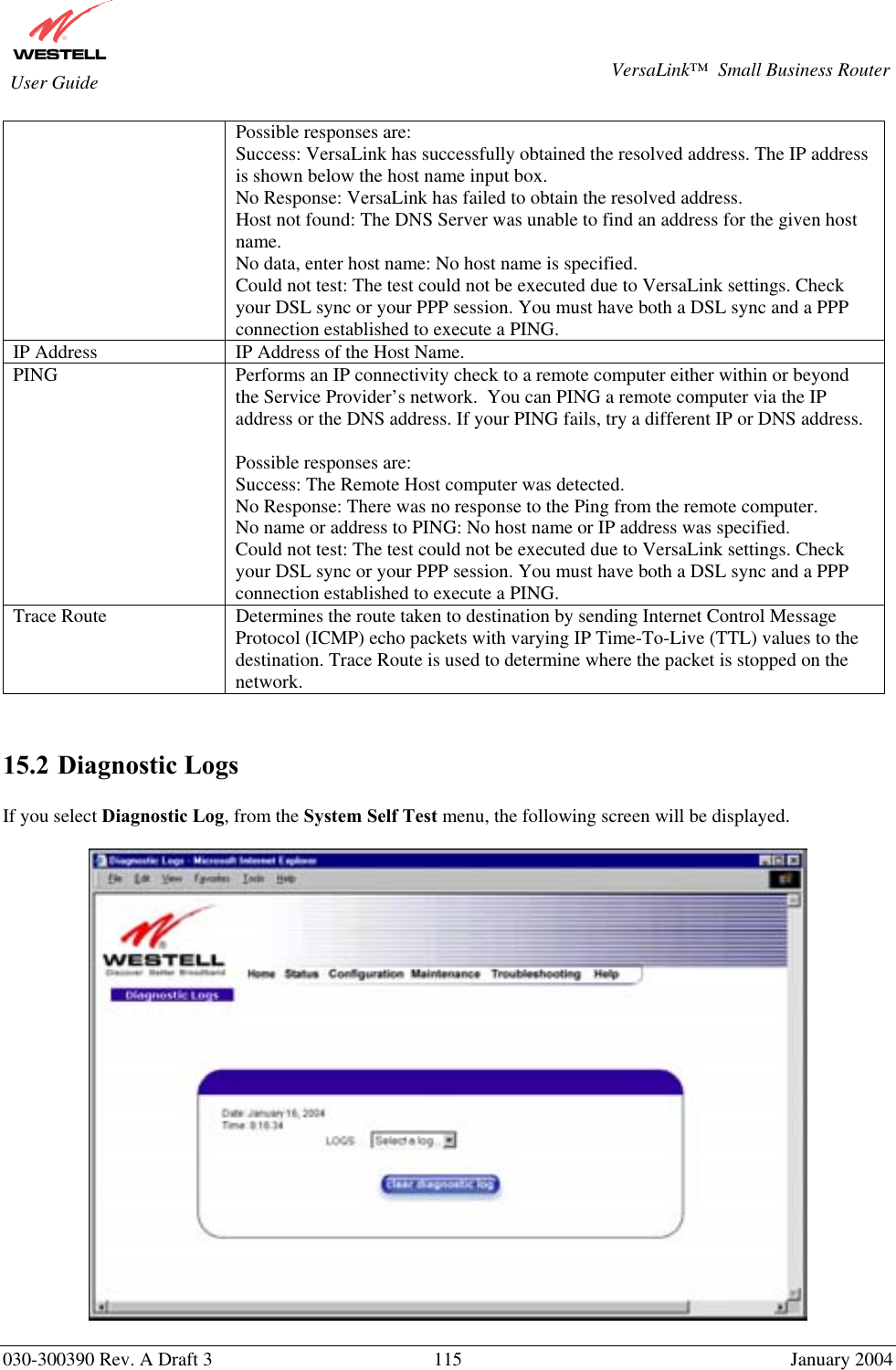       030-300390 Rev. A Draft 3  115  January 2004  VersaLink™  Small Business Router  User Guide Possible responses are: Success: VersaLink has successfully obtained the resolved address. The IP address is shown below the host name input box. No Response: VersaLink has failed to obtain the resolved address. Host not found: The DNS Server was unable to find an address for the given host name. No data, enter host name: No host name is specified. Could not test: The test could not be executed due to VersaLink settings. Check your DSL sync or your PPP session. You must have both a DSL sync and a PPP connection established to execute a PING. IP Address  IP Address of the Host Name. PING   Performs an IP connectivity check to a remote computer either within or beyond the Service Provider’s network.  You can PING a remote computer via the IP address or the DNS address. If your PING fails, try a different IP or DNS address.  Possible responses are: Success: The Remote Host computer was detected. No Response: There was no response to the Ping from the remote computer. No name or address to PING: No host name or IP address was specified. Could not test: The test could not be executed due to VersaLink settings. Check your DSL sync or your PPP session. You must have both a DSL sync and a PPP connection established to execute a PING. Trace Route  Determines the route taken to destination by sending Internet Control Message Protocol (ICMP) echo packets with varying IP Time-To-Live (TTL) values to the destination. Trace Route is used to determine where the packet is stopped on the network.   15.2 Diagnostic Logs  If you select Diagnostic Log, from the System Self Test menu, the following screen will be displayed.    