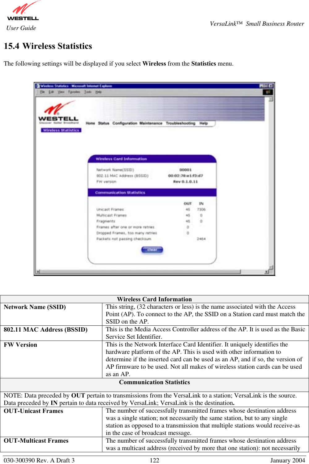       030-300390 Rev. A Draft 3  122  January 2004  VersaLink™  Small Business Router  User Guide 15.4 Wireless Statistics  The following settings will be displayed if you select Wireless from the Statistics menu.      Wireless Card Information Network Name (SSID)  This string, (32 characters or less) is the name associated with the Access Point (AP). To connect to the AP, the SSID on a Station card must match the SSID on the AP. 802.11 MAC Address (BSSID)  This is the Media Access Controller address of the AP. It is used as the Basic Service Set Identifier. FW Version  This is the Network Interface Card Identifier. It uniquely identifies the hardware platform of the AP. This is used with other information to determine if the inserted card can be used as an AP, and if so, the version of AP firmware to be used. Not all makes of wireless station cards can be used as an AP. Communication Statistics  NOTE: Data preceded by OUT pertain to transmissions from the VersaLink to a station; VersaLink is the source. Data preceded by IN pertain to data received by VersaLink; VersaLink is the destination. OUT-Unicast Frames  The number of successfully transmitted frames whose destination address was a single station; not necessarily the same station, but to any single station as opposed to a transmission that multiple stations would receive-as in the case of broadcast message. OUT-Multicast Frames  The number of successfully transmitted frames whose destination address was a multicast address (received by more that one station): not necessarily 