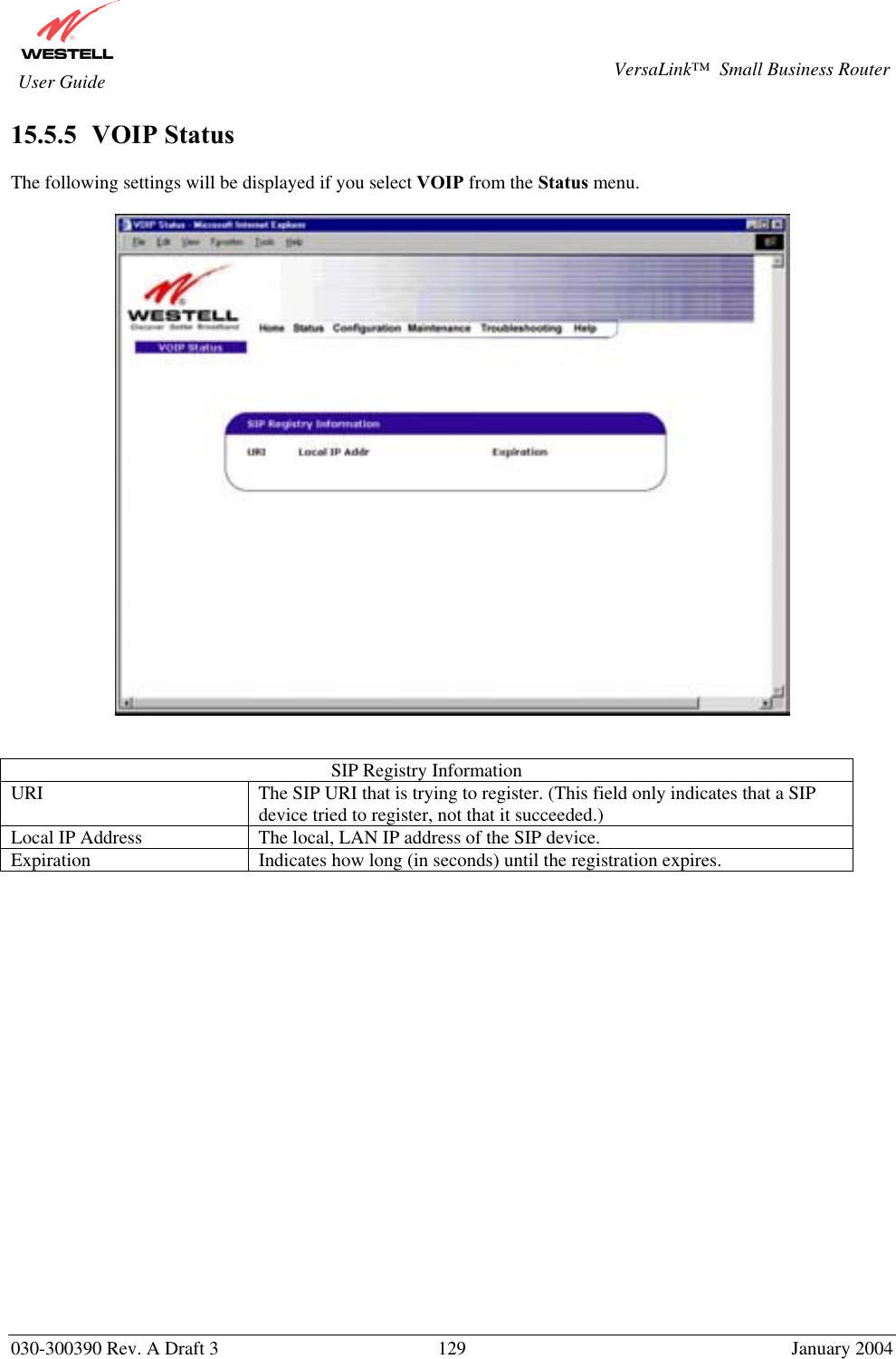       030-300390 Rev. A Draft 3  129  January 2004  VersaLink™  Small Business Router  User Guide 15.5.5   VOIP Status  The following settings will be displayed if you select VOIP from the Status menu.      SIP Registry Information URI  The SIP URI that is trying to register. (This field only indicates that a SIP device tried to register, not that it succeeded.) Local IP Address  The local, LAN IP address of the SIP device. Expiration Indicates how long (in seconds) until the registration expires.   