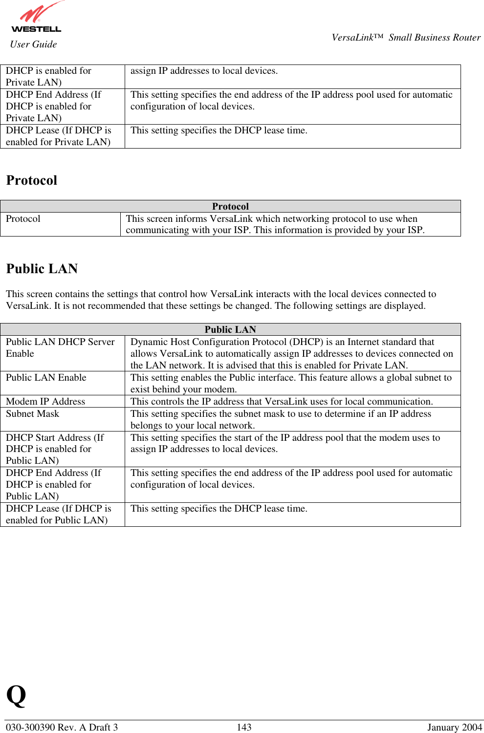       030-300390 Rev. A Draft 3  143  January 2004  VersaLink™  Small Business Router  User Guide DHCP is enabled for Private LAN)  assign IP addresses to local devices. DHCP End Address (If DHCP is enabled for Private LAN) This setting specifies the end address of the IP address pool used for automatic configuration of local devices. DHCP Lease (If DHCP is enabled for Private LAN)  This setting specifies the DHCP lease time.   Protocol  Protocol Protocol  This screen informs VersaLink which networking protocol to use when communicating with your ISP. This information is provided by your ISP.   Public LAN  This screen contains the settings that control how VersaLink interacts with the local devices connected to VersaLink. It is not recommended that these settings be changed. The following settings are displayed.  Public LAN Public LAN DHCP Server Enable  Dynamic Host Configuration Protocol (DHCP) is an Internet standard that allows VersaLink to automatically assign IP addresses to devices connected on the LAN network. It is advised that this is enabled for Private LAN. Public LAN Enable  This setting enables the Public interface. This feature allows a global subnet to exist behind your modem. Modem IP Address  This controls the IP address that VersaLink uses for local communication. Subnet Mask  This setting specifies the subnet mask to use to determine if an IP address belongs to your local network. DHCP Start Address (If DHCP is enabled for Public LAN) This setting specifies the start of the IP address pool that the modem uses to assign IP addresses to local devices. DHCP End Address (If DHCP is enabled for Public LAN) This setting specifies the end address of the IP address pool used for automatic configuration of local devices. DHCP Lease (If DHCP is enabled for Public LAN)  This setting specifies the DHCP lease time.              Q 