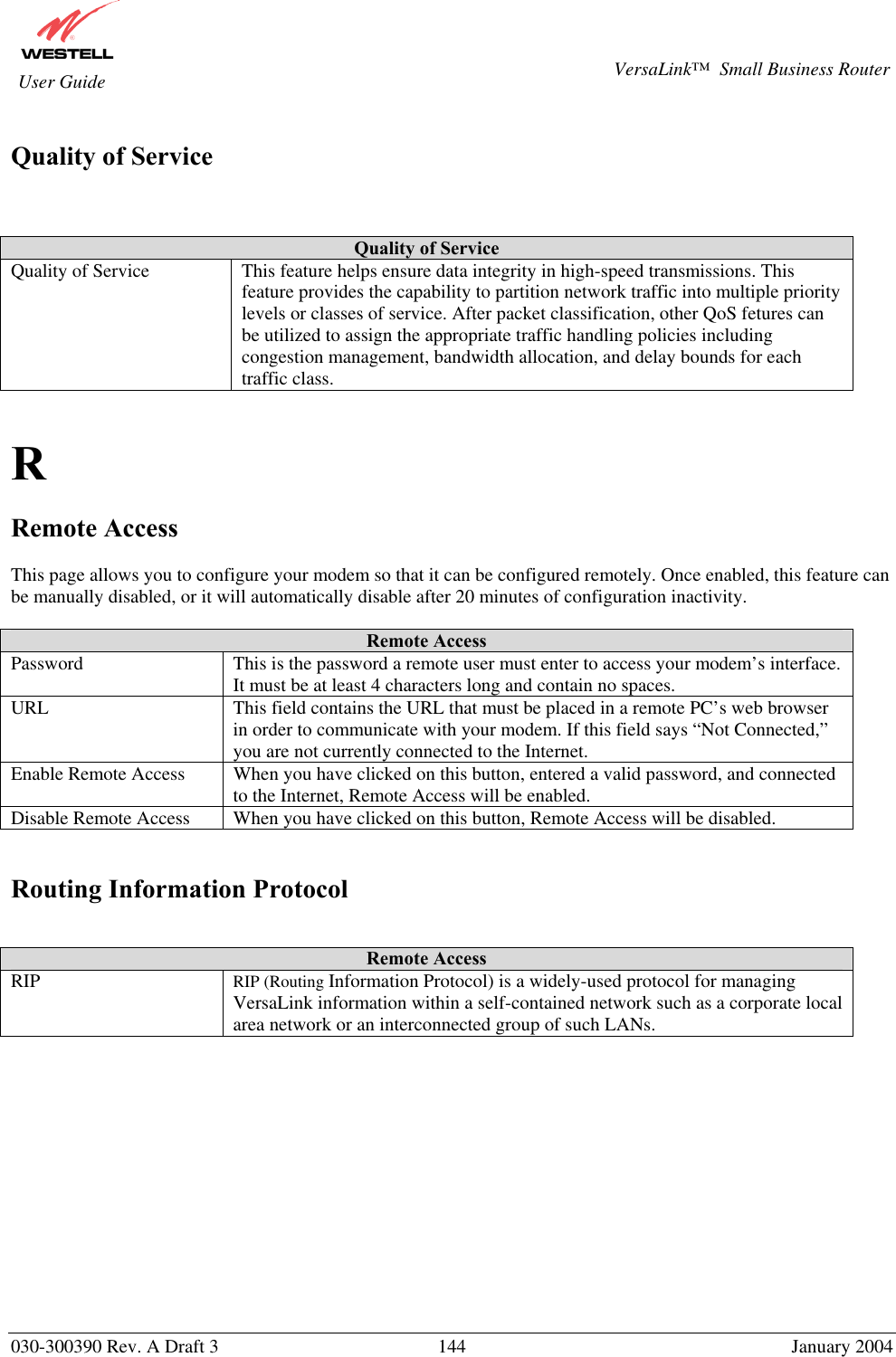       030-300390 Rev. A Draft 3  144  January 2004  VersaLink™  Small Business Router  User Guide  Quality of Service    Quality of Service Quality of Service  This feature helps ensure data integrity in high-speed transmissions. This feature provides the capability to partition network traffic into multiple priority levels or classes of service. After packet classification, other QoS fetures can be utilized to assign the appropriate traffic handling policies including congestion management, bandwidth allocation, and delay bounds for each traffic class.   R  Remote Access  This page allows you to configure your modem so that it can be configured remotely. Once enabled, this feature can be manually disabled, or it will automatically disable after 20 minutes of configuration inactivity.  Remote Access Password  This is the password a remote user must enter to access your modem’s interface. It must be at least 4 characters long and contain no spaces. URL  This field contains the URL that must be placed in a remote PC’s web browser in order to communicate with your modem. If this field says “Not Connected,” you are not currently connected to the Internet. Enable Remote Access  When you have clicked on this button, entered a valid password, and connected to the Internet, Remote Access will be enabled. Disable Remote Access  When you have clicked on this button, Remote Access will be disabled.   Routing Information Protocol   Remote Access RIP  RIP (Routing Information Protocol) is a widely-used protocol for managing VersaLink information within a self-contained network such as a corporate local area network or an interconnected group of such LANs.             