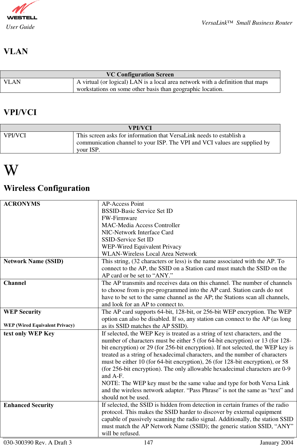       030-300390 Rev. A Draft 3  147  January 2004  VersaLink™  Small Business Router  User Guide  VLAN   VC Configuration Screen VLAN  A virtual (or logical) LAN is a local area network with a definition that maps workstations on some other basis than geographic location.   VPI/VCI  VPI/VCI VPI/VCI  This screen asks for information that VersaLink needs to establish a communication channel to your ISP. The VPI and VCI values are supplied by your ISP.  W Wireless Configuration  ACRONYMS  AP-Access Point BSSID-Basic Service Set ID FW-Firmware MAC-Media Access Controller NIC-Network Interface Card SSID-Service Set ID WEP-Wired Equivalent Privacy WLAN-Wireless Local Area Network Network Name (SSID)  This string, (32 characters or less) is the name associated with the AP. To connect to the AP, the SSID on a Station card must match the SSID on the AP card or be set to “ANY.” Channel  The AP transmits and receives data on this channel. The number of channels to choose from is pre-programmed into the AP card. Station cards do not have to be set to the same channel as the AP; the Stations scan all channels, and look for an AP to connect to. WEP Security  WEP (Wired Equivalent Privacy) The AP card supports 64-bit, 128-bit, or 256-bit WEP encryption. The WEP option can also be disabled. If so, any station can connect to the AP (as long as its SSID matches the AP SSID). text only WEP Key  If selected, the WEP Key is treated as a string of text characters, and the number of characters must be either 5 (for 64-bit encryption) or 13 (for 128-bit encryption) or 29 (for 256-bit encryption). If not selected, the WEP key is treated as a string of hexadecimal characters, and the number of characters must be either 10 (for 64-bit encryption), 26 (for 128-bit encryption), or 58 (for 256-bit encryption). The only allowable hexadecimal characters are 0-9 and A-F.  NOTE: The WEP key must be the same value and type for both Versa Link and the wireless network adapter. “Pass Phrase” is not the same as “text” and should not be used. Enhanced Security  If selected, the SSID is hidden from detection in certain frames of the radio protocol. This makes the SSID harder to discover by external equipment capable of passively scanning the radio signal. Additionally, the station SSID must match the AP Network Name (SSID); the generic station SSID, “ANY” will be refused. 