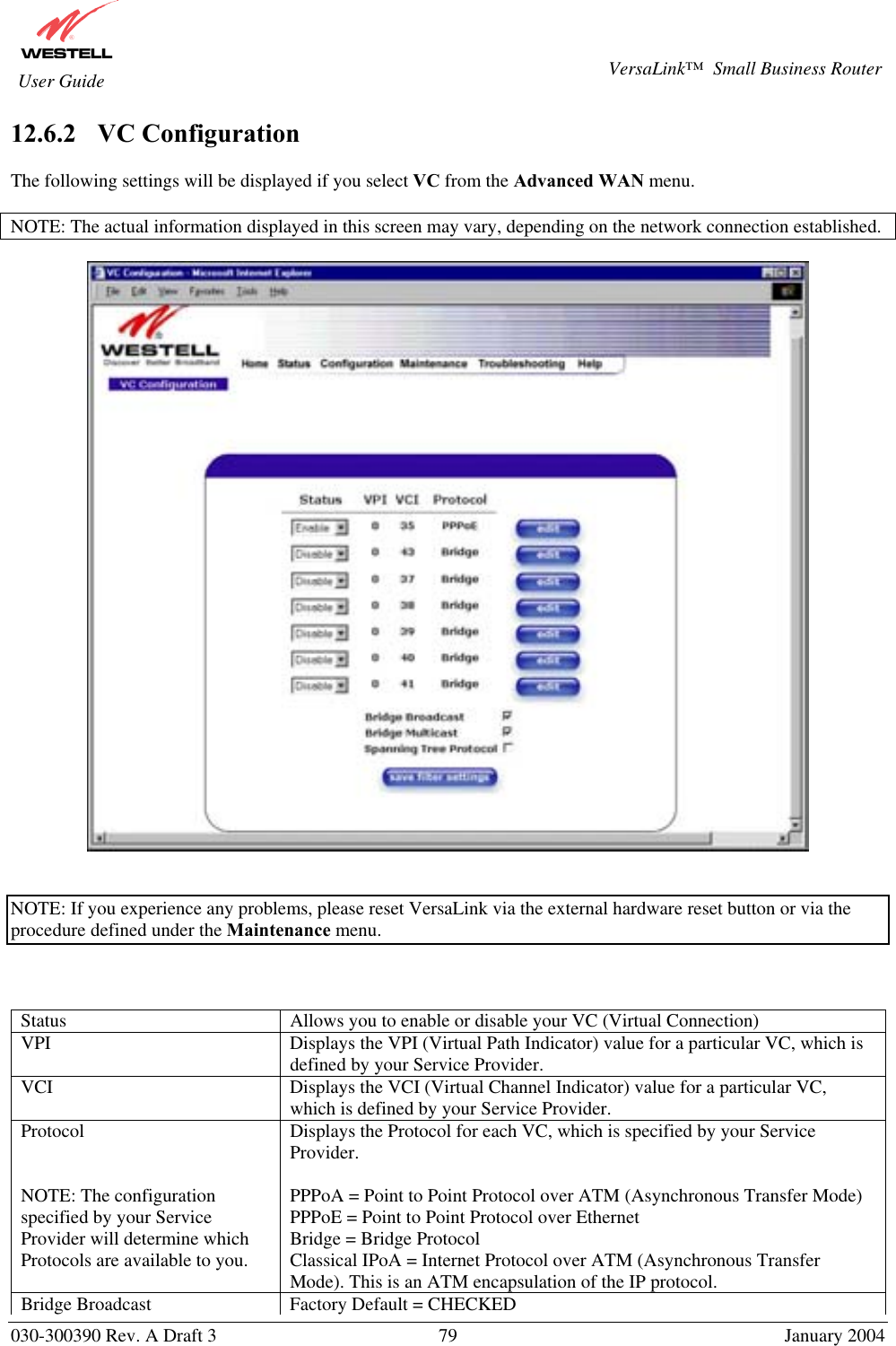       030-300390 Rev. A Draft 3  79  January 2004  VersaLink™  Small Business Router  User Guide 12.6.2    VC Configuration   The following settings will be displayed if you select VC from the Advanced WAN menu.  NOTE: The actual information displayed in this screen may vary, depending on the network connection established.     NOTE: If you experience any problems, please reset VersaLink via the external hardware reset button or via the procedure defined under the Maintenance menu.    Status  Allows you to enable or disable your VC (Virtual Connection) VPI  Displays the VPI (Virtual Path Indicator) value for a particular VC, which is defined by your Service Provider. VCI  Displays the VCI (Virtual Channel Indicator) value for a particular VC, which is defined by your Service Provider. Protocol   NOTE: The configuration specified by your Service Provider will determine which Protocols are available to you. Displays the Protocol for each VC, which is specified by your Service Provider.  PPPoA = Point to Point Protocol over ATM (Asynchronous Transfer Mode) PPPoE = Point to Point Protocol over Ethernet Bridge = Bridge Protocol Classical IPoA = Internet Protocol over ATM (Asynchronous Transfer Mode). This is an ATM encapsulation of the IP protocol. Bridge Broadcast  Factory Default = CHECKED 