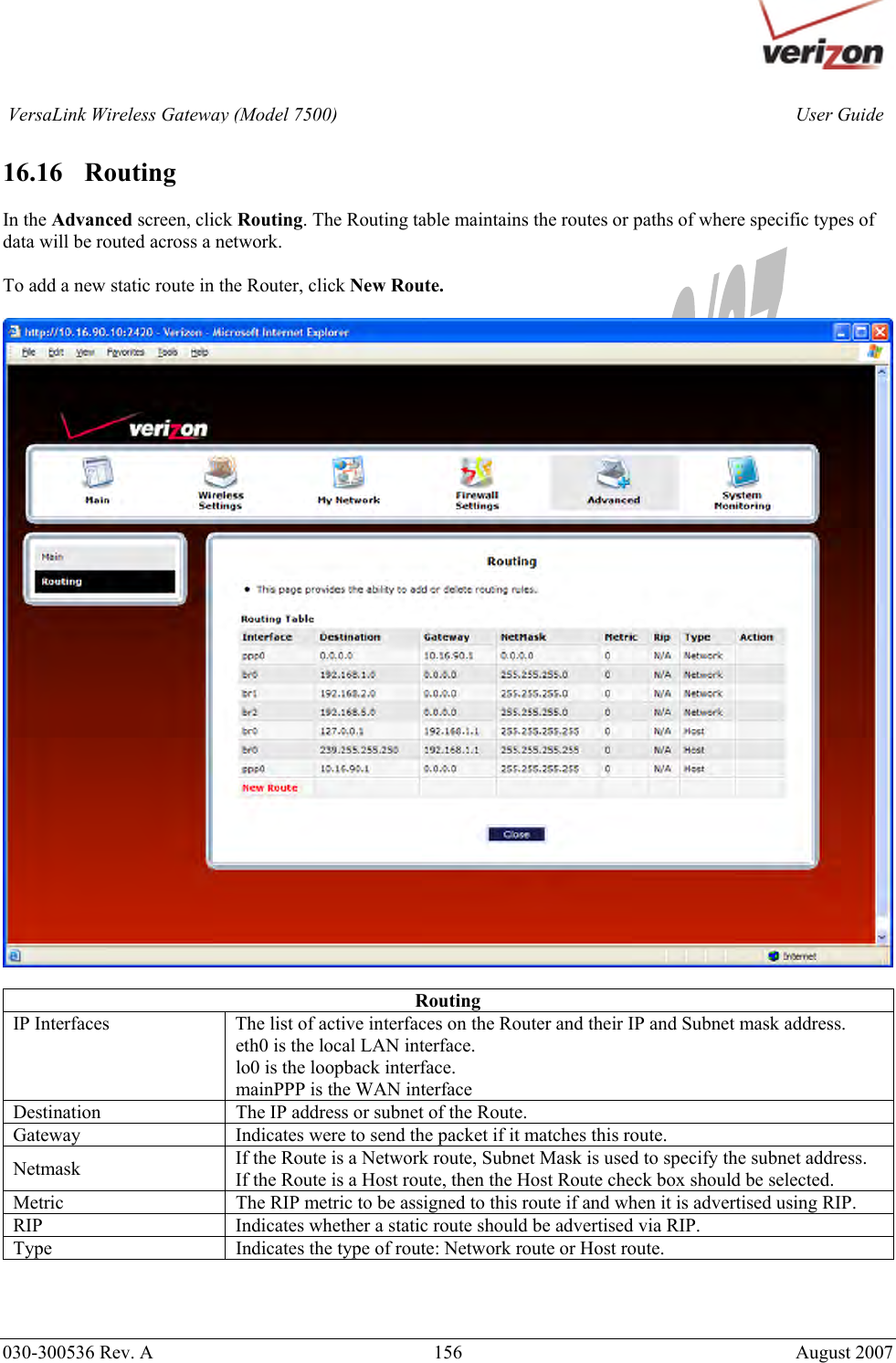       030-300536 Rev. A  156       August 2007 User GuideVersaLink Wireless Gateway (Model 7500) 16.16   Routing  In the Advanced screen, click Routing. The Routing table maintains the routes or paths of where specific types of data will be routed across a network.  To add a new static route in the Router, click New Route.     Routing IP Interfaces  The list of active interfaces on the Router and their IP and Subnet mask address. eth0 is the local LAN interface. lo0 is the loopback interface. mainPPP is the WAN interface Destination   The IP address or subnet of the Route. Gateway  Indicates were to send the packet if it matches this route. Netmask  If the Route is a Network route, Subnet Mask is used to specify the subnet address. If the Route is a Host route, then the Host Route check box should be selected. Metric  The RIP metric to be assigned to this route if and when it is advertised using RIP. RIP  Indicates whether a static route should be advertised via RIP. Type  Indicates the type of route: Network route or Host route.    