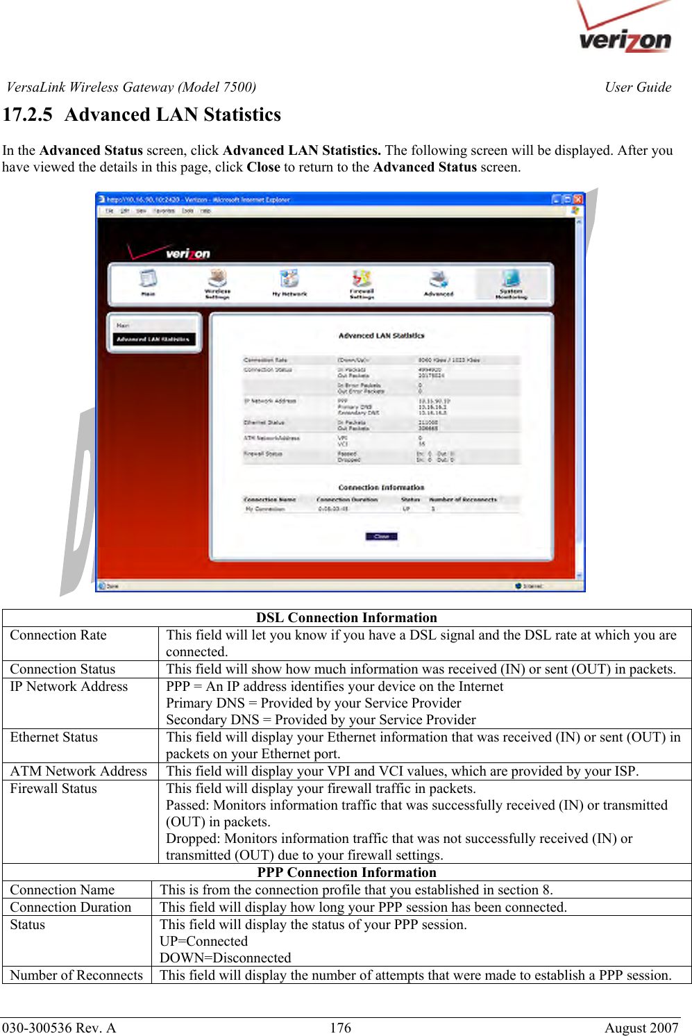       030-300536 Rev. A  176     August 2007 User GuideVersaLink Wireless Gateway (Model 7500)17.2.5   Advanced LAN Statistics  In the Advanced Status screen, click Advanced LAN Statistics. The following screen will be displayed. After you have viewed the details in this page, click Close to return to the Advanced Status screen.    DSL Connection Information Connection Rate  This field will let you know if you have a DSL signal and the DSL rate at which you are connected. Connection Status  This field will show how much information was received (IN) or sent (OUT) in packets. IP Network Address  PPP = An IP address identifies your device on the Internet Primary DNS = Provided by your Service Provider Secondary DNS = Provided by your Service Provider Ethernet Status  This field will display your Ethernet information that was received (IN) or sent (OUT) in packets on your Ethernet port. ATM Network Address  This field will display your VPI and VCI values, which are provided by your ISP. Firewall Status  This field will display your firewall traffic in packets. Passed: Monitors information traffic that was successfully received (IN) or transmitted (OUT) in packets. Dropped: Monitors information traffic that was not successfully received (IN) or transmitted (OUT) due to your firewall settings. PPP Connection Information Connection Name  This is from the connection profile that you established in section 8. Connection Duration  This field will display how long your PPP session has been connected. Status  This field will display the status of your PPP session. UP=Connected DOWN=Disconnected Number of Reconnects  This field will display the number of attempts that were made to establish a PPP session.  