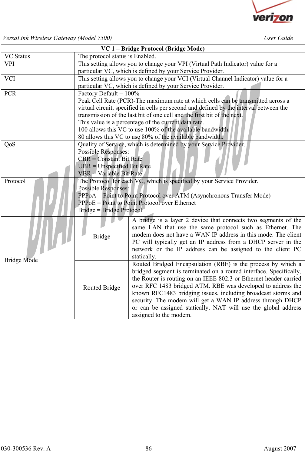       030-300536 Rev. A  86       August 2007 User GuideVersaLink Wireless Gateway (Model 7500)VC 1 – Bridge Protocol (Bridge Mode)  VC Status  The protocol status is Enabled. VPI  This setting allows you to change your VPI (Virtual Path Indicator) value for a particular VC, which is defined by your Service Provider. VCI  This setting allows you to change your VCI (Virtual Channel Indicator) value for a particular VC, which is defined by your Service Provider. PCR  Factory Default = 100% Peak Cell Rate (PCR)-The maximum rate at which cells can be transmitted across a virtual circuit, specified in cells per second and defined by the interval between the transmission of the last bit of one cell and the first bit of the next. This value is a percentage of the current data rate. 100 allows this VC to use 100% of the available bandwidth. 80 allows this VC to use 80% of the available bandwidth. QoS  Quality of Service, which is determined by your Service Provider. Possible Responses: CBR = Constant Bit Rate UBR = Unspecified Bit Rate VBR = Variable Bit Rate  Protocol  The Protocol for each VC, which is specified by your Service Provider. Possible Responses: PPPoA = Point to Point Protocol over ATM (Asynchronous Transfer Mode) PPPoE = Point to Point Protocol over Ethernet Bridge = Bridge Protocol Bridge A bridge is a layer 2 device that connects two segments of the same LAN that use the same protocol such as Ethernet. The modem does not have a WAN IP address in this mode. The client PC will typically get an IP address from a DHCP server in the network or the IP address can be assigned to the client PC statically. Bridge Mode  Routed Bridge Routed Bridged Encapsulation (RBE) is the process by which a bridged segment is terminated on a routed interface. Specifically, the Router is routing on an IEEE 802.3 or Ethernet header carried over RFC 1483 bridged ATM. RBE was developed to address the known RFC1483 bridging issues, including broadcast storms and security. The modem will get a WAN IP address through DHCP or can be assigned statically. NAT will use the global address assigned to the modem.                 