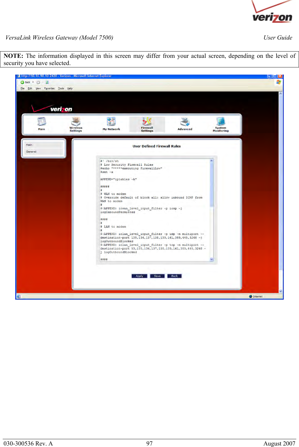       030-300536 Rev. A  97       August 2007 User GuideVersaLink Wireless Gateway (Model 7500) NOTE: The information displayed in this screen may differ from your actual screen, depending on the level of security you have selected.                      