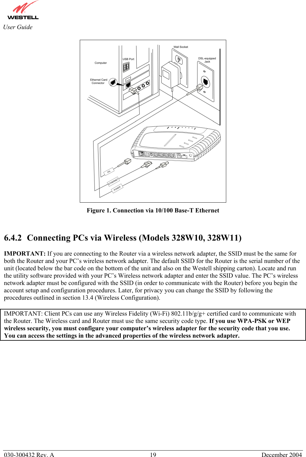       030-300432 Rev. A  19 December 2004  User Guide  Figure 1. Connection via 10/100 Base-T Ethernet   6.4.2  Connecting PCs via Wireless (Models 328W10, 328W11)  IMPORTANT: If you are connecting to the Router via a wireless network adapter, the SSID must be the same for both the Router and your PC’s wireless network adapter. The default SSID for the Router is the serial number of the unit (located below the bar code on the bottom of the unit and also on the Westell shipping carton). Locate and run the utility software provided with your PC’s Wireless network adapter and enter the SSID value. The PC’s wireless network adapter must be configured with the SSID (in order to communicate with the Router) before you begin the account setup and configuration procedures. Later, for privacy you can change the SSID by following the procedures outlined in section 13.4 (Wireless Configuration).  IMPORTANT: Client PCs can use any Wireless Fidelity (Wi-Fi) 802.11b/g/g+ certified card to communicate with the Router. The Wireless card and Router must use the same security code type. If you use WPA-PSK or WEP wireless security, you must configure your computer’s wireless adapter for the security code that you use. You can access the settings in the advanced properties of the wireless network adapter.             