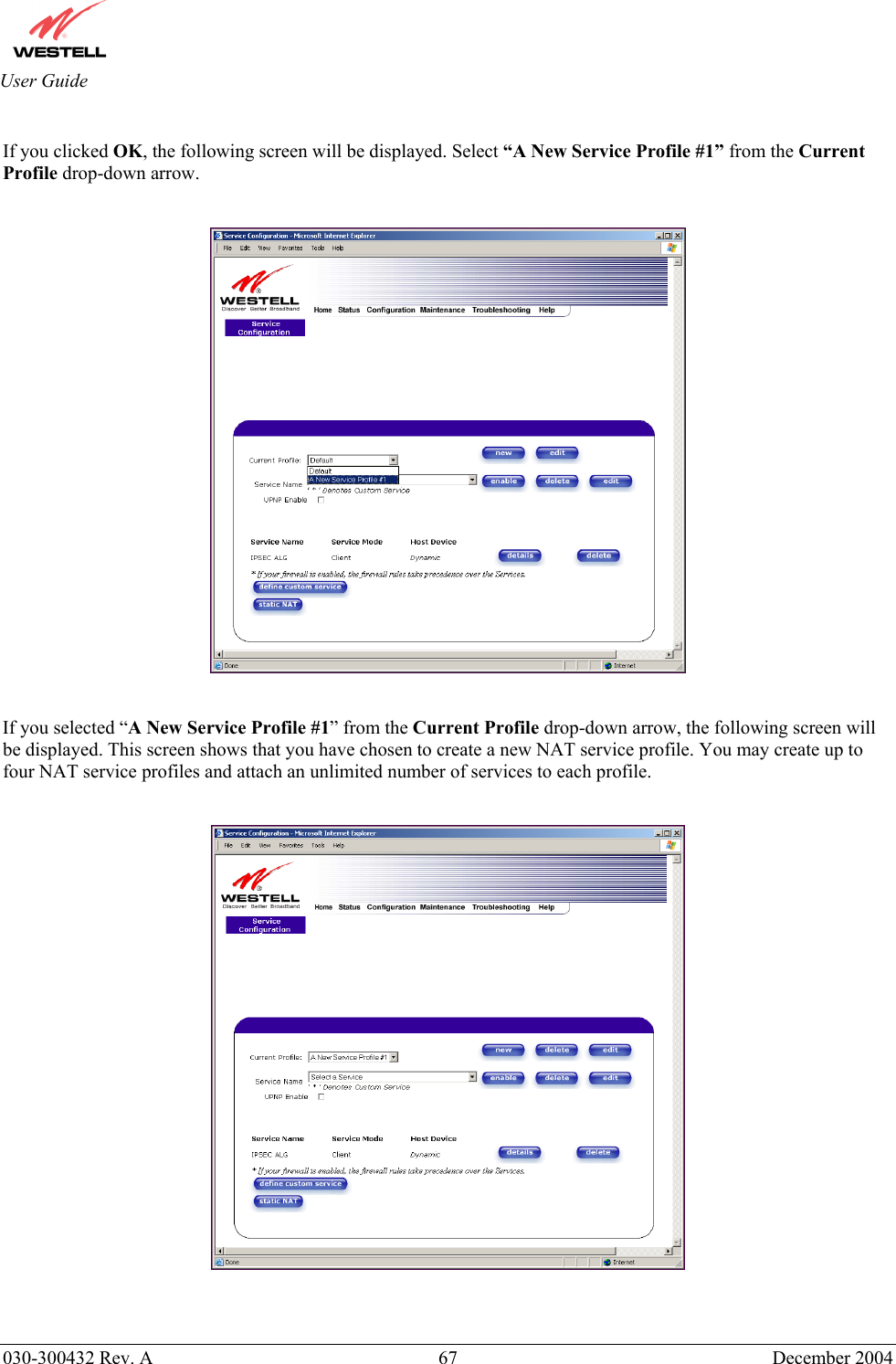       030-300432 Rev. A  67 December 2004  User Guide  If you clicked OK, the following screen will be displayed. Select “A New Service Profile #1” from the Current Profile drop-down arrow.       If you selected “A New Service Profile #1” from the Current Profile drop-down arrow, the following screen will be displayed. This screen shows that you have chosen to create a new NAT service profile. You may create up to four NAT service profiles and attach an unlimited number of services to each profile.       