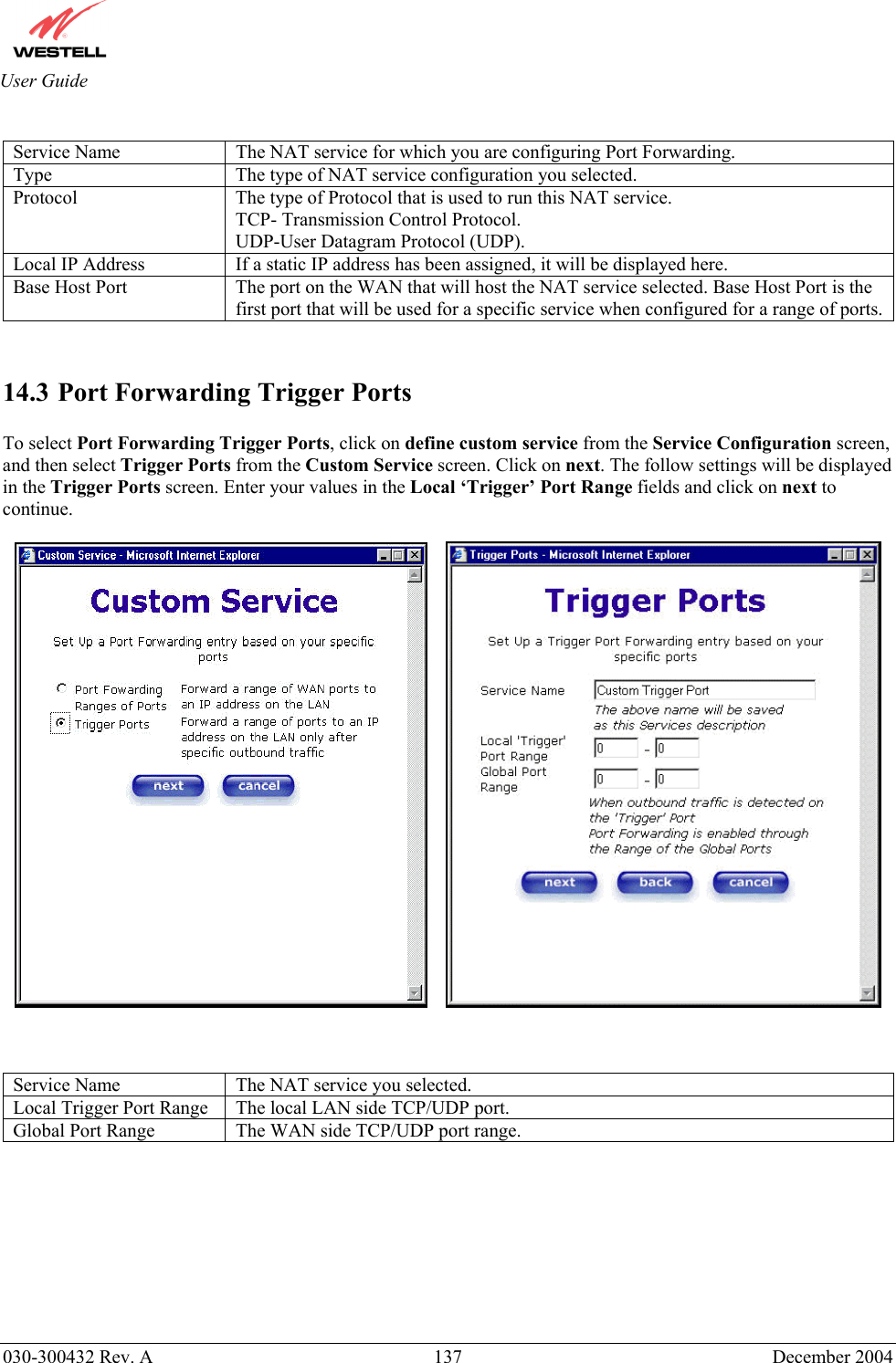       030-300432 Rev. A  137 December 2004  User Guide  Service Name  The NAT service for which you are configuring Port Forwarding. Type  The type of NAT service configuration you selected. Protocol  The type of Protocol that is used to run this NAT service. TCP- Transmission Control Protocol. UDP-User Datagram Protocol (UDP). Local IP Address  If a static IP address has been assigned, it will be displayed here. Base Host Port  The port on the WAN that will host the NAT service selected. Base Host Port is the first port that will be used for a specific service when configured for a range of ports.   14.3 Port Forwarding Trigger Ports  To select Port Forwarding Trigger Ports, click on define custom service from the Service Configuration screen, and then select Trigger Ports from the Custom Service screen. Click on next. The follow settings will be displayed in the Trigger Ports screen. Enter your values in the Local ‘Trigger’ Port Range fields and click on next to continue.           Service Name  The NAT service you selected. Local Trigger Port Range  The local LAN side TCP/UDP port. Global Port Range  The WAN side TCP/UDP port range.          