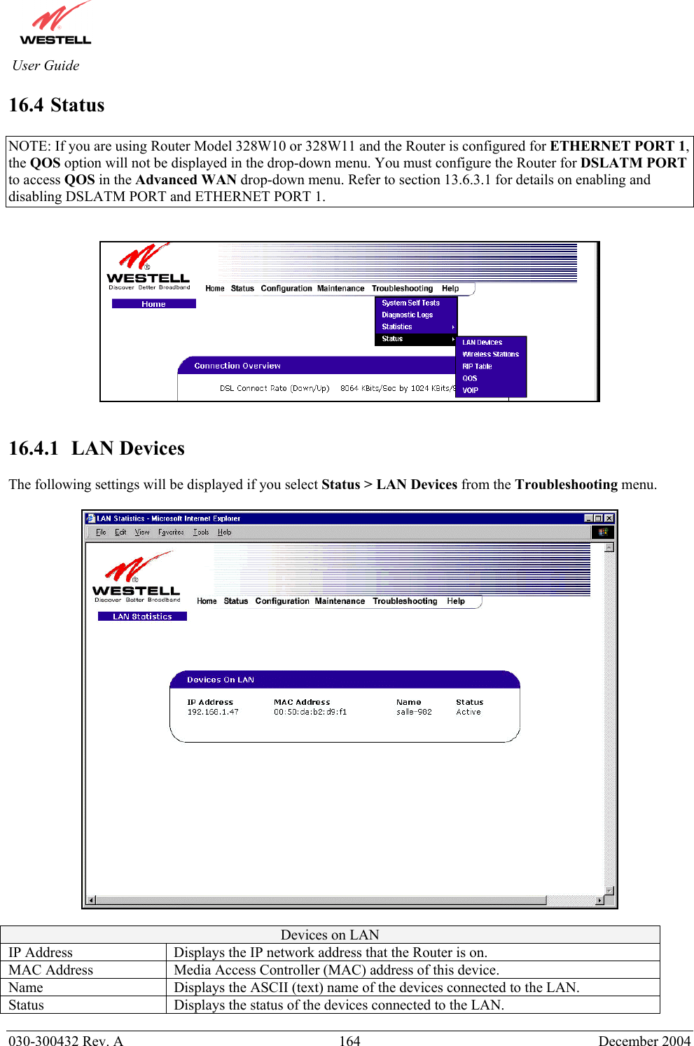          030-300432 Rev. A  164 December 2004 User Guide 16.4 Status  NOTE: If you are using Router Model 328W10 or 328W11 and the Router is configured for ETHERNET PORT 1, the QOS option will not be displayed in the drop-down menu. You must configure the Router for DSLATM PORT to access QOS in the Advanced WAN drop-down menu. Refer to section 13.6.3.1 for details on enabling and disabling DSLATM PORT and ETHERNET PORT 1.      16.4.1   LAN Devices   The following settings will be displayed if you select Status &gt; LAN Devices from the Troubleshooting menu.    Devices on LAN IP Address  Displays the IP network address that the Router is on. MAC Address  Media Access Controller (MAC) address of this device. Name  Displays the ASCII (text) name of the devices connected to the LAN. Status  Displays the status of the devices connected to the LAN.   