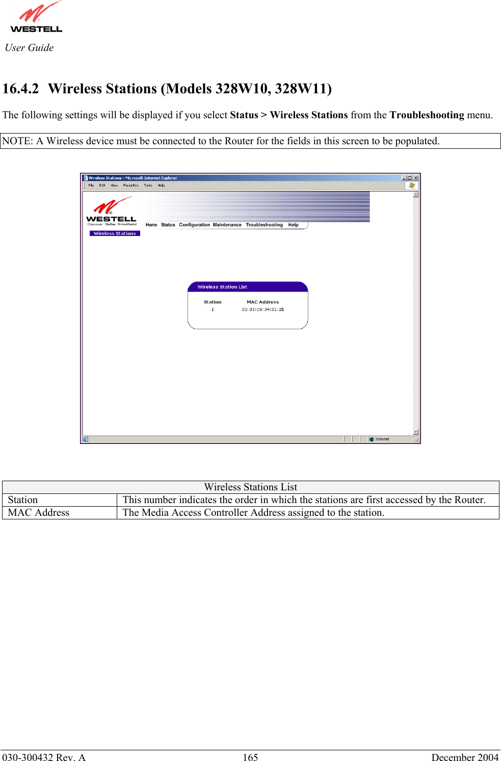          030-300432 Rev. A  165 December 2004 User Guide  16.4.2   Wireless Stations (Models 328W10, 328W11)  The following settings will be displayed if you select Status &gt; Wireless Stations from the Troubleshooting menu.  NOTE: A Wireless device must be connected to the Router for the fields in this screen to be populated.       Wireless Stations List Station  This number indicates the order in which the stations are first accessed by the Router. MAC Address  The Media Access Controller Address assigned to the station.                   