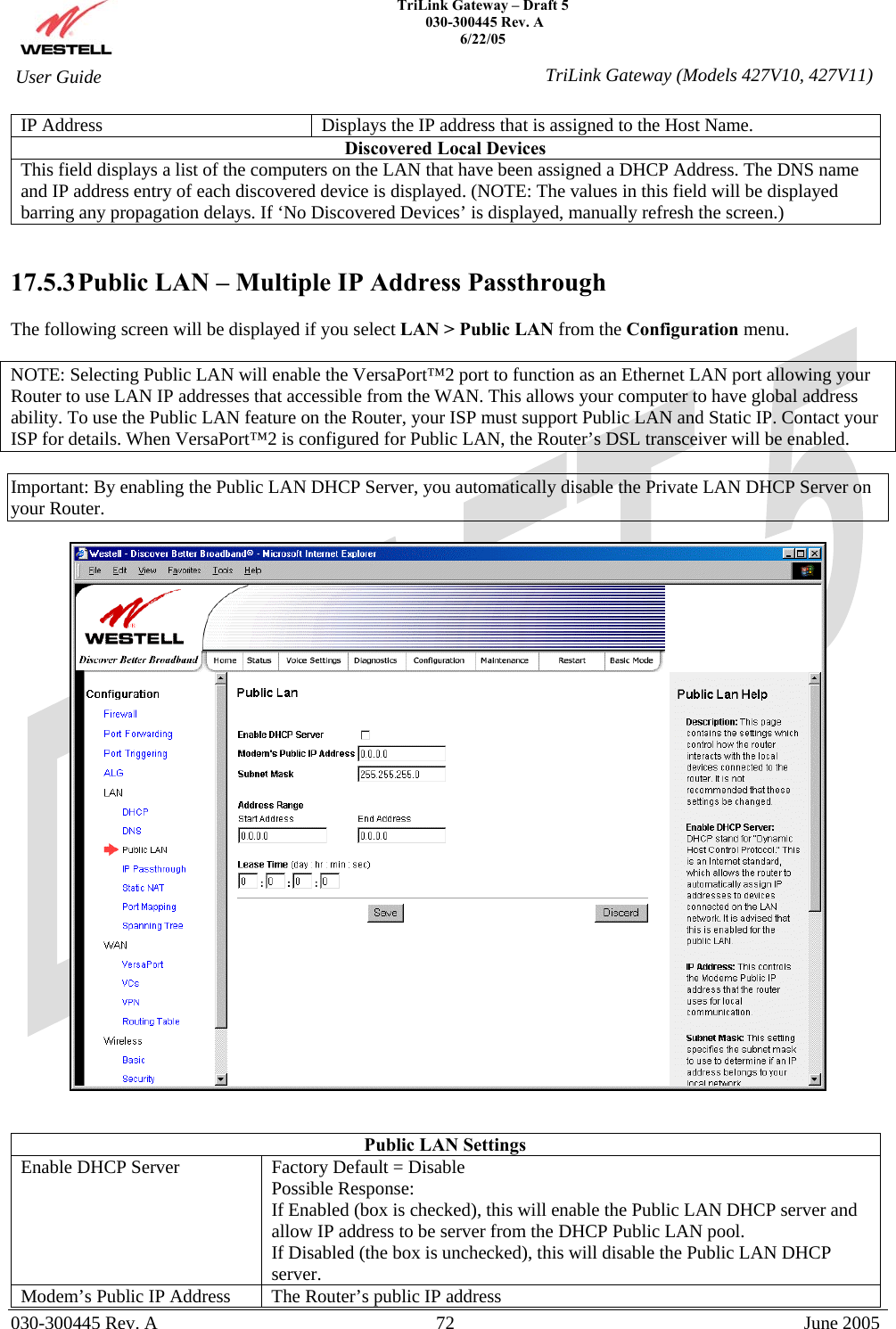    TriLink Gateway – Draft 5   030-300445 Rev. A 6/22/05   030-300445 Rev. A  72  June 2005  User Guide  TriLink Gateway (Models 427V10, 427V11)IP Address  Displays the IP address that is assigned to the Host Name. Discovered Local Devices This field displays a list of the computers on the LAN that have been assigned a DHCP Address. The DNS name and IP address entry of each discovered device is displayed. (NOTE: The values in this field will be displayed barring any propagation delays. If ‘No Discovered Devices’ is displayed, manually refresh the screen.)   17.5.3 Public LAN – Multiple IP Address Passthrough  The following screen will be displayed if you select LAN &gt; Public LAN from the Configuration menu.   NOTE: Selecting Public LAN will enable the VersaPort™2 port to function as an Ethernet LAN port allowing your Router to use LAN IP addresses that accessible from the WAN. This allows your computer to have global address ability. To use the Public LAN feature on the Router, your ISP must support Public LAN and Static IP. Contact your ISP for details. When VersaPort™2 is configured for Public LAN, the Router’s DSL transceiver will be enabled.  Important: By enabling the Public LAN DHCP Server, you automatically disable the Private LAN DHCP Server on your Router.     Public LAN Settings Enable DHCP Server  Factory Default = Disable Possible Response: If Enabled (box is checked), this will enable the Public LAN DHCP server and allow IP address to be server from the DHCP Public LAN pool. If Disabled (the box is unchecked), this will disable the Public LAN DHCP server. Modem’s Public IP Address  The Router’s public IP address 