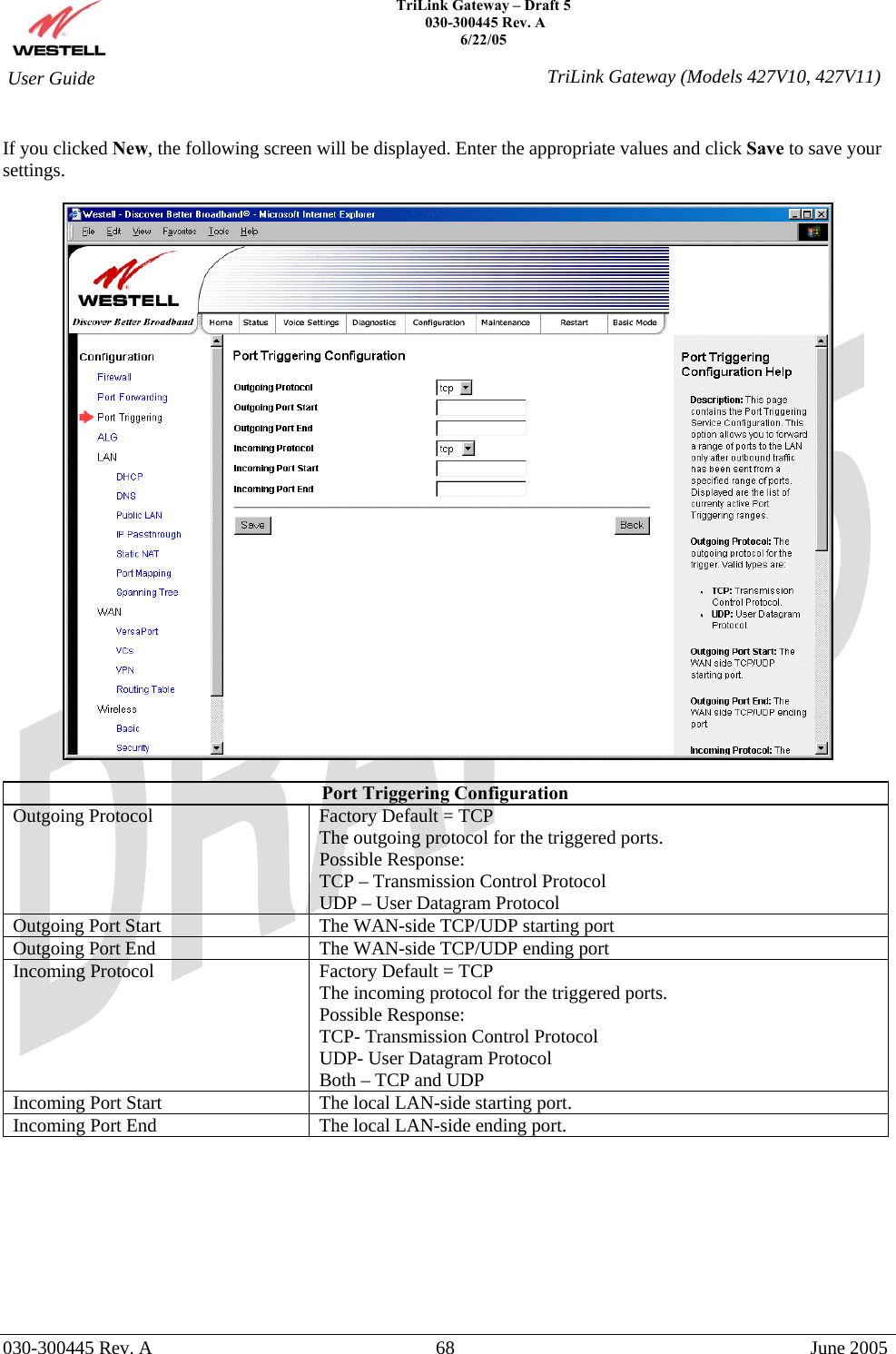    TriLink Gateway – Draft 5   030-300445 Rev. A 6/22/05   030-300445 Rev. A  68  June 2005  User Guide  TriLink Gateway (Models 427V10, 427V11) If you clicked New, the following screen will be displayed. Enter the appropriate values and click Save to save your settings.    Port Triggering Configuration Outgoing Protocol  Factory Default = TCP The outgoing protocol for the triggered ports. Possible Response: TCP – Transmission Control Protocol UDP – User Datagram Protocol Outgoing Port Start  The WAN-side TCP/UDP starting port Outgoing Port End   The WAN-side TCP/UDP ending port Incoming Protocol  Factory Default = TCP The incoming protocol for the triggered ports. Possible Response: TCP- Transmission Control Protocol UDP- User Datagram Protocol Both – TCP and UDP Incoming Port Start  The local LAN-side starting port. Incoming Port End  The local LAN-side ending port.         