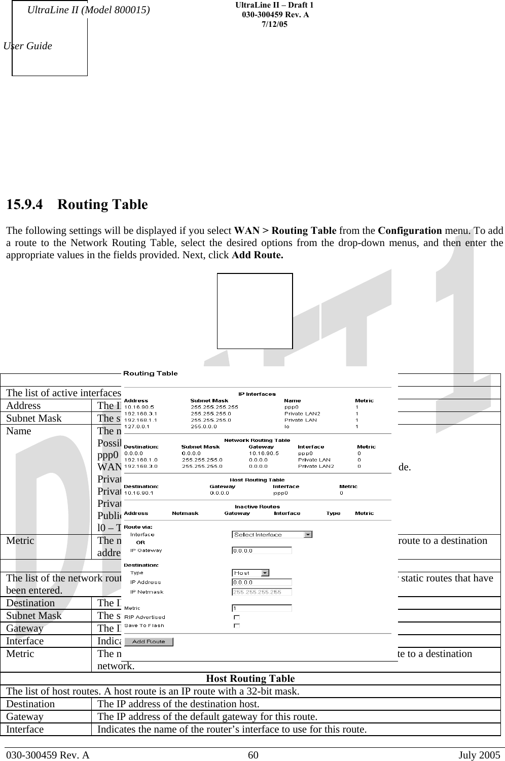    UltraLine II – Draft 1   030-300459 Rev. A 7/12/05   030-300459 Rev. A  60  July 2005  User Guide UltraLine II (Model 800015)        15.9.4   Routing Table  The following settings will be displayed if you select WAN &gt; Routing Table from the Configuration menu. To add a route to the Network Routing Table, select the desired options from the drop-down menus, and then enter the appropriate values in the fields provided. Next, click Add Route.     IP Interfaces The list of active interfaces on the Modem, their IP addresses and subnet masks.  Address  The IP interface address of the interface. Subnet Mask  The subnet mask of the interface. Name  The name assigned to the interface. Possible Names are: ppp0 – The WAN interface when the router is in PPP mode. WAN– The WAN interface when the router is in Uplink Routed IP mode. Private LAN – The main Ethernet interface. Private LAN2 – The interface for Private LAN2 mode. Private LAN3 – The interface for Private LAN3 mode. Public LAN – The interface for Private LAN mode. l0 – The local loopback interface. Metric  The numeric value assigned to this interface, used to calculate the best route to a destination address. Networking Routing Table The list of the network routes. These can be either routes for directly connected networks, or static routes that have been entered. Destination   The IP subnet of the destination network. Subnet Mask  The subnet mask of the destination network. Gateway  The IP address of the default gateway for this route. Interface  Indicates the name of the router’s interface to use for this route. Metric  The numeric value assigned to this route, used to calculate the best route to a destination network. Host Routing Table The list of host routes. A host route is an IP route with a 32-bit mask. Destination  The IP address of the destination host. Gateway  The IP address of the default gateway for this route. Interface  Indicates the name of the router’s interface to use for this route. 