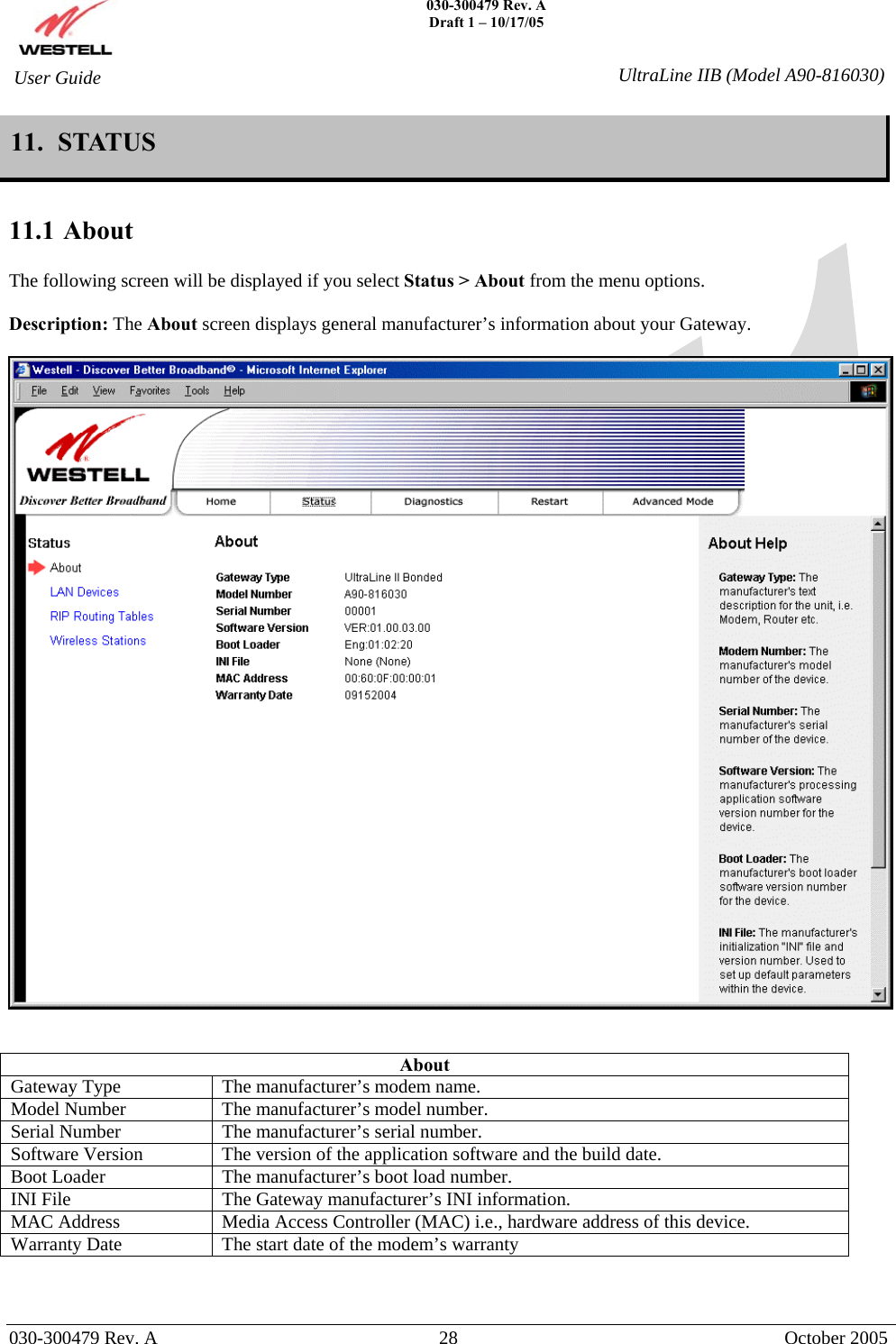    030-300479 Rev. A Draft 1 – 10/17/05   030-300479 Rev. A  28  October 2005  User Guide  UltraLine IIB (Model A90-816030)11.  STATUS   11.1 About  The following screen will be displayed if you select Status &gt; About from the menu options.   Description: The About screen displays general manufacturer’s information about your Gateway.     About Gateway Type  The manufacturer’s modem name. Model Number  The manufacturer’s model number. Serial Number  The manufacturer’s serial number. Software Version  The version of the application software and the build date. Boot Loader  The manufacturer’s boot load number. INI File  The Gateway manufacturer’s INI information. MAC Address  Media Access Controller (MAC) i.e., hardware address of this device. Warranty Date  The start date of the modem’s warranty    