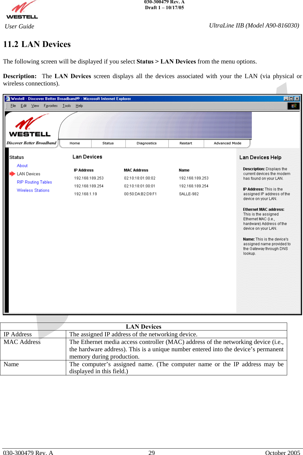    030-300479 Rev. A Draft 1 – 10/17/05   030-300479 Rev. A  29  October 2005  User Guide  UltraLine IIB (Model A90-816030)11.2 LAN Devices  The following screen will be displayed if you select Status &gt; LAN Devices from the menu options.  Description:  The LAN Devices screen displays all the devices associated with your the LAN (via physical or wireless connections).    LAN Devices IP Address  The assigned IP address of the networking device. MAC Address  The Ethernet media access controller (MAC) address of the networking device (i.e., the hardware address). This is a unique number entered into the device’s permanent memory during production.  Name  The computer’s assigned name. (The computer name or the IP address may be displayed in this field.)          