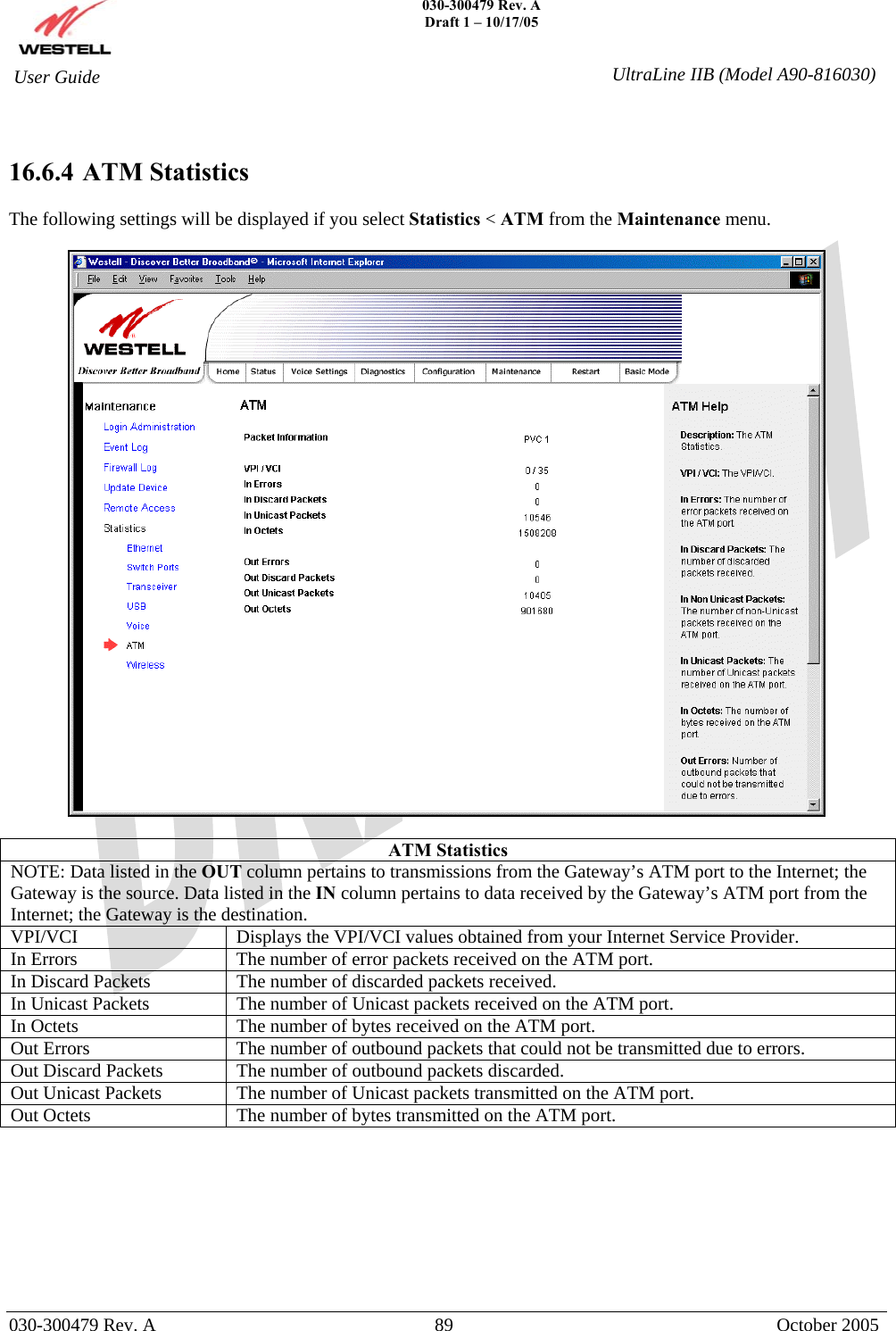    030-300479 Rev. A Draft 1 – 10/17/05   030-300479 Rev. A  89  October 2005  User Guide  UltraLine IIB (Model A90-816030)  16.6.4  ATM Statistics  The following settings will be displayed if you select Statistics &lt; ATM from the Maintenance menu.    ATM Statistics NOTE: Data listed in the OUT column pertains to transmissions from the Gateway’s ATM port to the Internet; the Gateway is the source. Data listed in the IN column pertains to data received by the Gateway’s ATM port from the Internet; the Gateway is the destination. VPI/VCI  Displays the VPI/VCI values obtained from your Internet Service Provider. In Errors  The number of error packets received on the ATM port. In Discard Packets  The number of discarded packets received. In Unicast Packets  The number of Unicast packets received on the ATM port. In Octets  The number of bytes received on the ATM port. Out Errors  The number of outbound packets that could not be transmitted due to errors. Out Discard Packets  The number of outbound packets discarded. Out Unicast Packets  The number of Unicast packets transmitted on the ATM port. Out Octets  The number of bytes transmitted on the ATM port.         