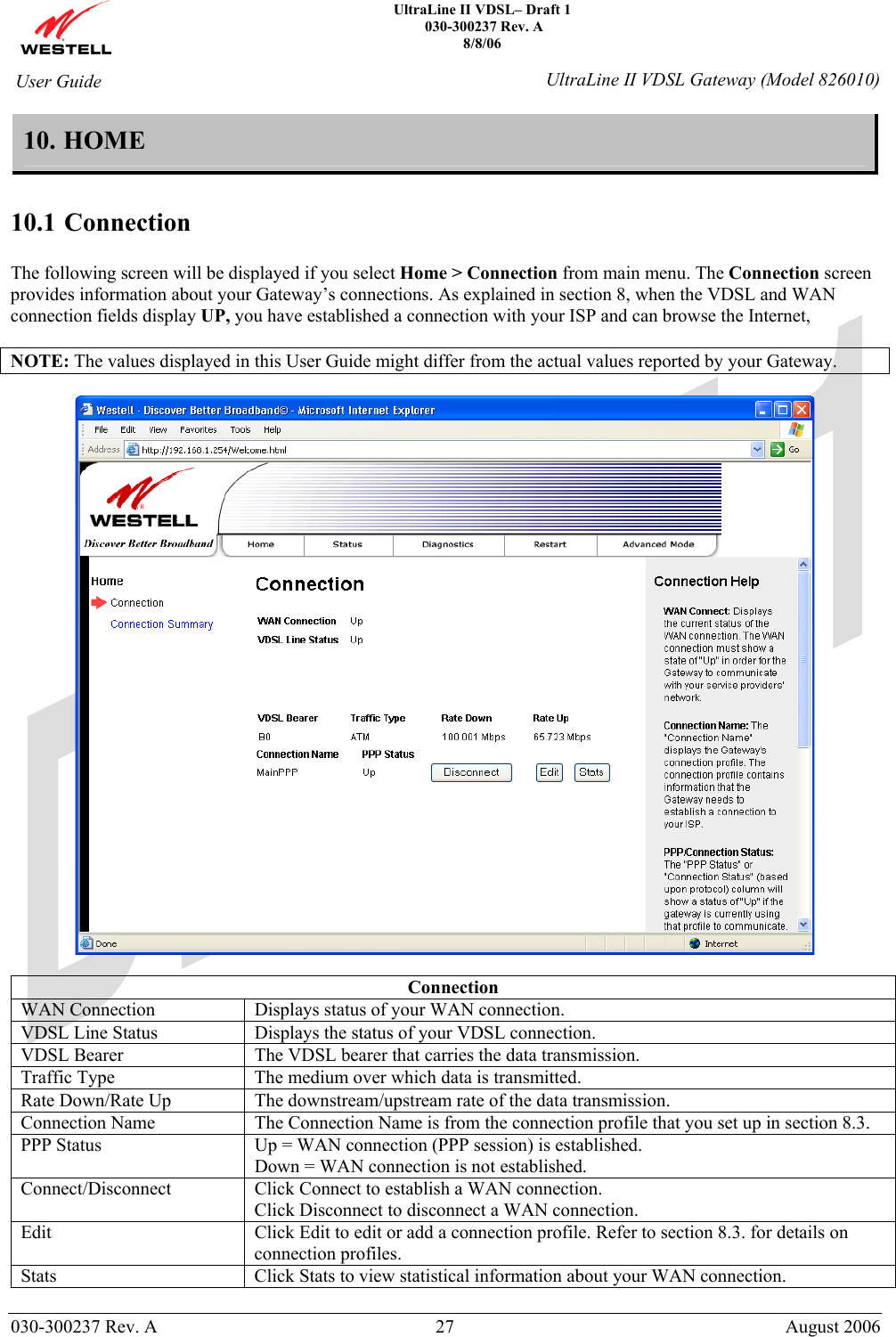    UltraLine II VDSL– Draft 1  030-300237 Rev. A 8/8/06   030-300237 Rev. A  27  August 2006  User Guide  UltraLine II VDSL Gateway (Model 826010) 10. HOME  10.1 Connection  The following screen will be displayed if you select Home &gt; Connection from main menu. The Connection screen provides information about your Gateway’s connections. As explained in section 8, when the VDSL and WAN connection fields display UP, you have established a connection with your ISP and can browse the Internet,   NOTE: The values displayed in this User Guide might differ from the actual values reported by your Gateway.    Connection WAN Connection  Displays status of your WAN connection. VDSL Line Status  Displays the status of your VDSL connection. VDSL Bearer  The VDSL bearer that carries the data transmission. Traffic Type  The medium over which data is transmitted. Rate Down/Rate Up  The downstream/upstream rate of the data transmission. Connection Name   The Connection Name is from the connection profile that you set up in section 8.3. PPP Status  Up = WAN connection (PPP session) is established. Down = WAN connection is not established. Connect/Disconnect   Click Connect to establish a WAN connection. Click Disconnect to disconnect a WAN connection. Edit  Click Edit to edit or add a connection profile. Refer to section 8.3. for details on connection profiles. Stats  Click Stats to view statistical information about your WAN connection.  