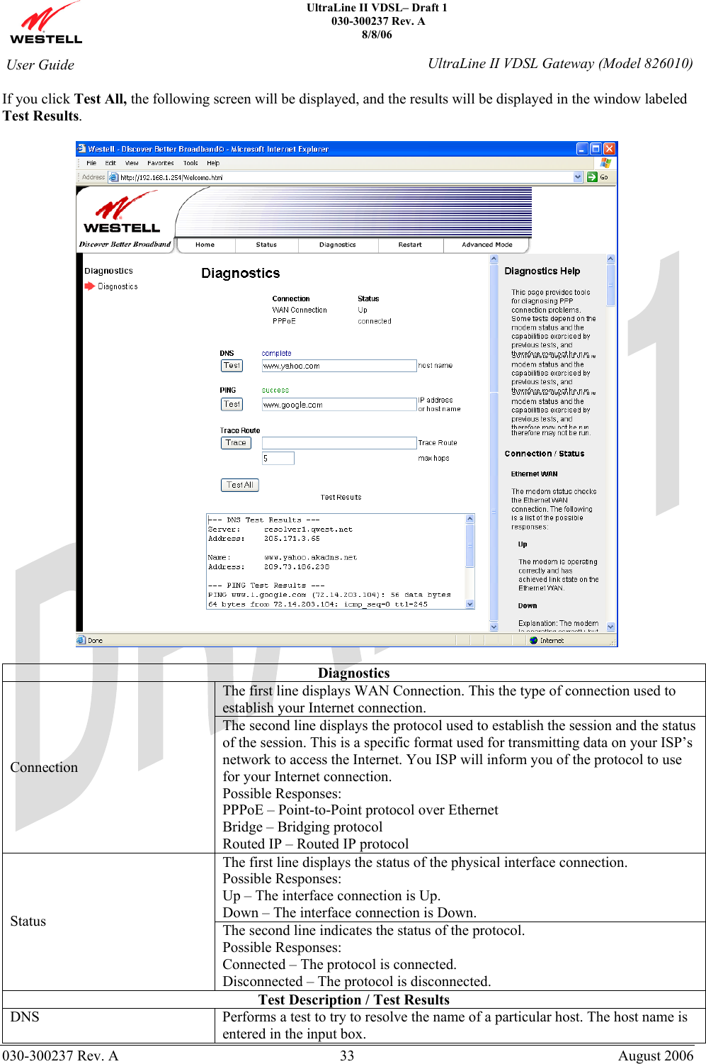    UltraLine II VDSL– Draft 1  030-300237 Rev. A 8/8/06   030-300237 Rev. A  33  August 2006  User Guide  UltraLine II VDSL Gateway (Model 826010) If you click Test All, the following screen will be displayed, and the results will be displayed in the window labeled Test Results.    Diagnostics The first line displays WAN Connection. This the type of connection used to establish your Internet connection. Connection The second line displays the protocol used to establish the session and the status of the session. This is a specific format used for transmitting data on your ISP’s network to access the Internet. You ISP will inform you of the protocol to use for your Internet connection.  Possible Responses: PPPoE – Point-to-Point protocol over Ethernet Bridge – Bridging protocol Routed IP – Routed IP protocol The first line displays the status of the physical interface connection. Possible Responses: Up – The interface connection is Up. Down – The interface connection is Down. Status  The second line indicates the status of the protocol. Possible Responses: Connected – The protocol is connected. Disconnected – The protocol is disconnected. Test Description / Test Results DNS  Performs a test to try to resolve the name of a particular host. The host name is entered in the input box. 