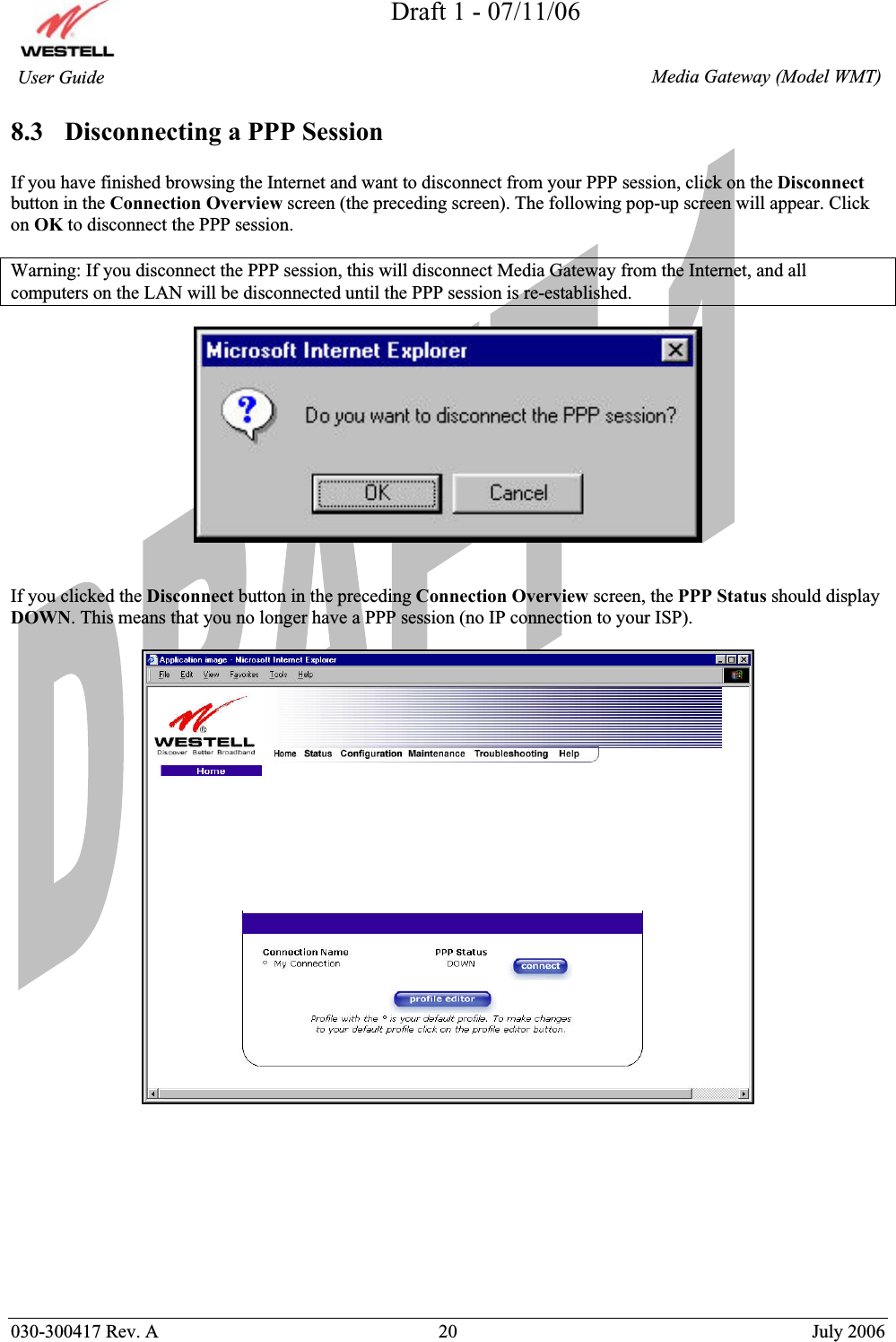 Draft 1 - 07/11/06030-300417 Rev. A  20  July 2006  Media Gateway (Model WMT) User Guide 8.3 Disconnecting a PPP Session If you have finished browsing the Internet and want to disconnect from your PPP session, click on the Disconnectbutton in the Connection Overview screen (the preceding screen). The following pop-up screen will appear. Click on OK to disconnect the PPP session. Warning: If you disconnect the PPP session, this will disconnect Media Gateway from the Internet, and all computers on the LAN will be disconnected until the PPP session is re-established. If you clicked the Disconnect button in the preceding Connection Overview screen, the PPP Status should display DOWN. This means that you no longer have a PPP session (no IP connection to your ISP).  