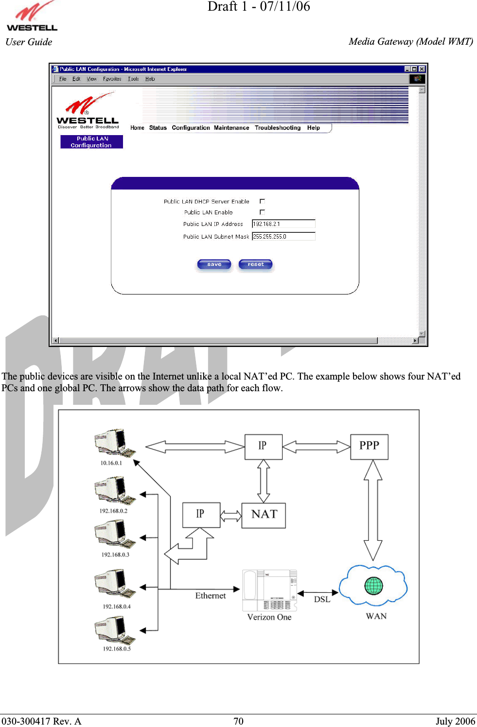 Draft 1 - 07/11/06030-300417 Rev. A  70  July 2006  Media Gateway (Model WMT) User Guide The public devices are visible on the Internet unlike a local NAT’ed PC. The example below shows four NAT’ed PCs and one global PC. The arrows show the data path for each flow. 