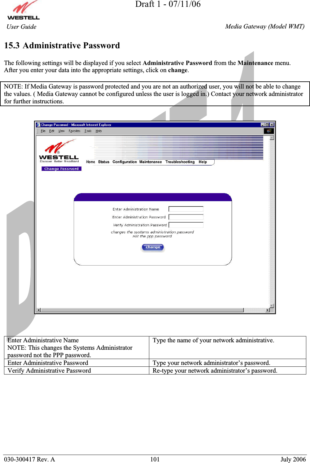 Draft 1 - 07/11/06030-300417 Rev. A  101  July 2006  Media Gateway (Model WMT) User Guide 15.3 Administrative Password The following settings will be displayed if you select Administrative Password from the Maintenance menu.After you enter your data into the appropriate settings, click on change.NOTE: If Media Gateway is password protected and you are not an authorized user, you will not be able to change the values. ( Media Gateway cannot be configured unless the user is logged in.) Contact your network administrator for further instructions. Enter Administrative Name NOTE: This changes the Systems Administrator password not the PPP password. Type the name of your network administrative. Enter Administrative Password  Type your network administrator’s password. Verify Administrative Password  Re-type your network administrator’s password.  