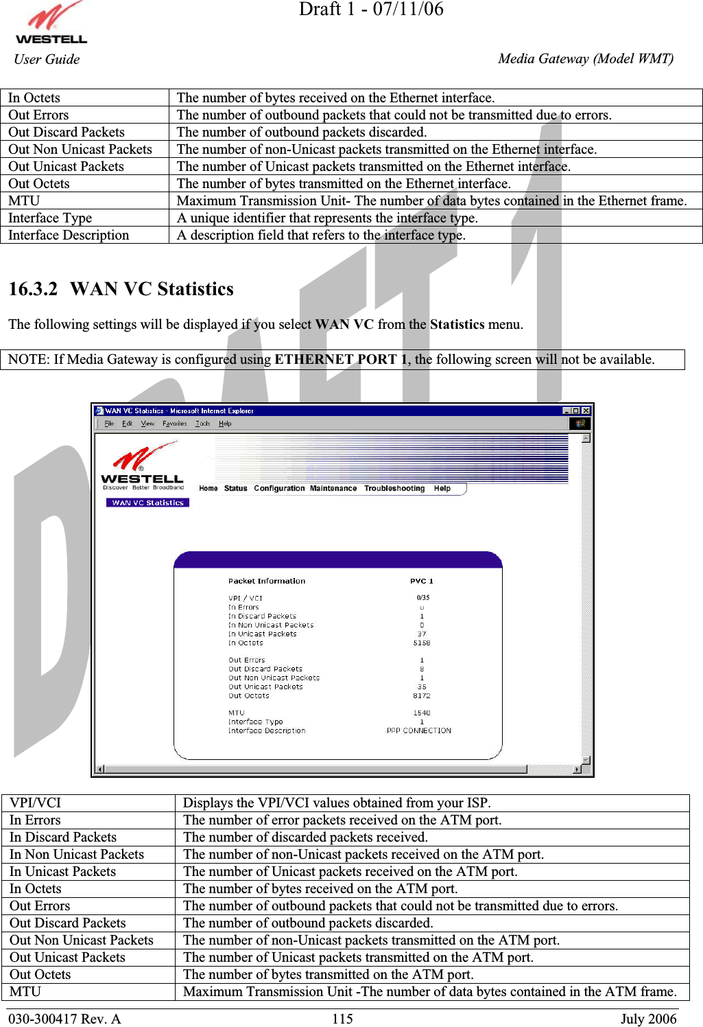 Draft 1 - 07/11/06030-300417 Rev. A  115  July 2006  Media Gateway (Model WMT) User Guide In Octets  The number of bytes received on the Ethernet interface. Out Errors  The number of outbound packets that could not be transmitted due to errors. Out Discard Packets  The number of outbound packets discarded. Out Non Unicast Packets  The number of non-Unicast packets transmitted on the Ethernet interface. Out Unicast Packets  The number of Unicast packets transmitted on the Ethernet interface. Out Octets  The number of bytes transmitted on the Ethernet interface. MTU  Maximum Transmission Unit- The number of data bytes contained in the Ethernet frame. Interface Type  A unique identifier that represents the interface type. Interface Description  A description field that refers to the interface type. 16.3.2  WAN VC Statistics The following settings will be displayed if you select WAN VC from the Statistics menu. NOTE: If Media Gateway is configured using ETHERNET PORT 1, the following screen will not be available. VPI/VCI  Displays the VPI/VCI values obtained from your ISP. In Errors  The number of error packets received on the ATM port. In Discard Packets  The number of discarded packets received. In Non Unicast Packets  The number of non-Unicast packets received on the ATM port. In Unicast Packets  The number of Unicast packets received on the ATM port. In Octets  The number of bytes received on the ATM port. Out Errors  The number of outbound packets that could not be transmitted due to errors. Out Discard Packets  The number of outbound packets discarded. Out Non Unicast Packets  The number of non-Unicast packets transmitted on the ATM port. Out Unicast Packets  The number of Unicast packets transmitted on the ATM port. Out Octets  The number of bytes transmitted on the ATM port. MTU  Maximum Transmission Unit -The number of data bytes contained in the ATM frame. 0/35 